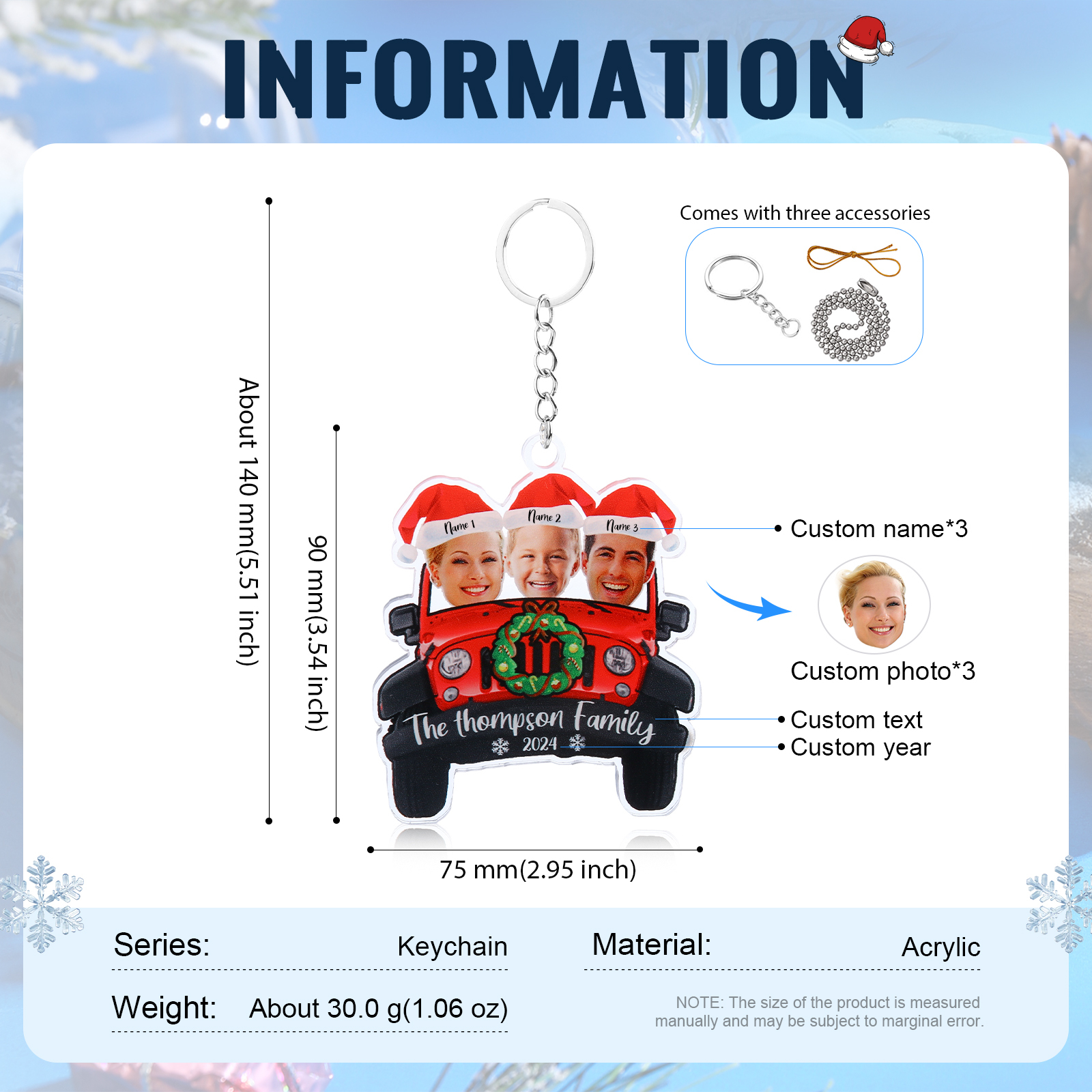 [Copy]Acrylic Christmas Car Keychain Custom 2 Photos & 2 Names & 1 Text & 1 Year Hanging Ornaments Personalised Keyring for Couple | Jessemade