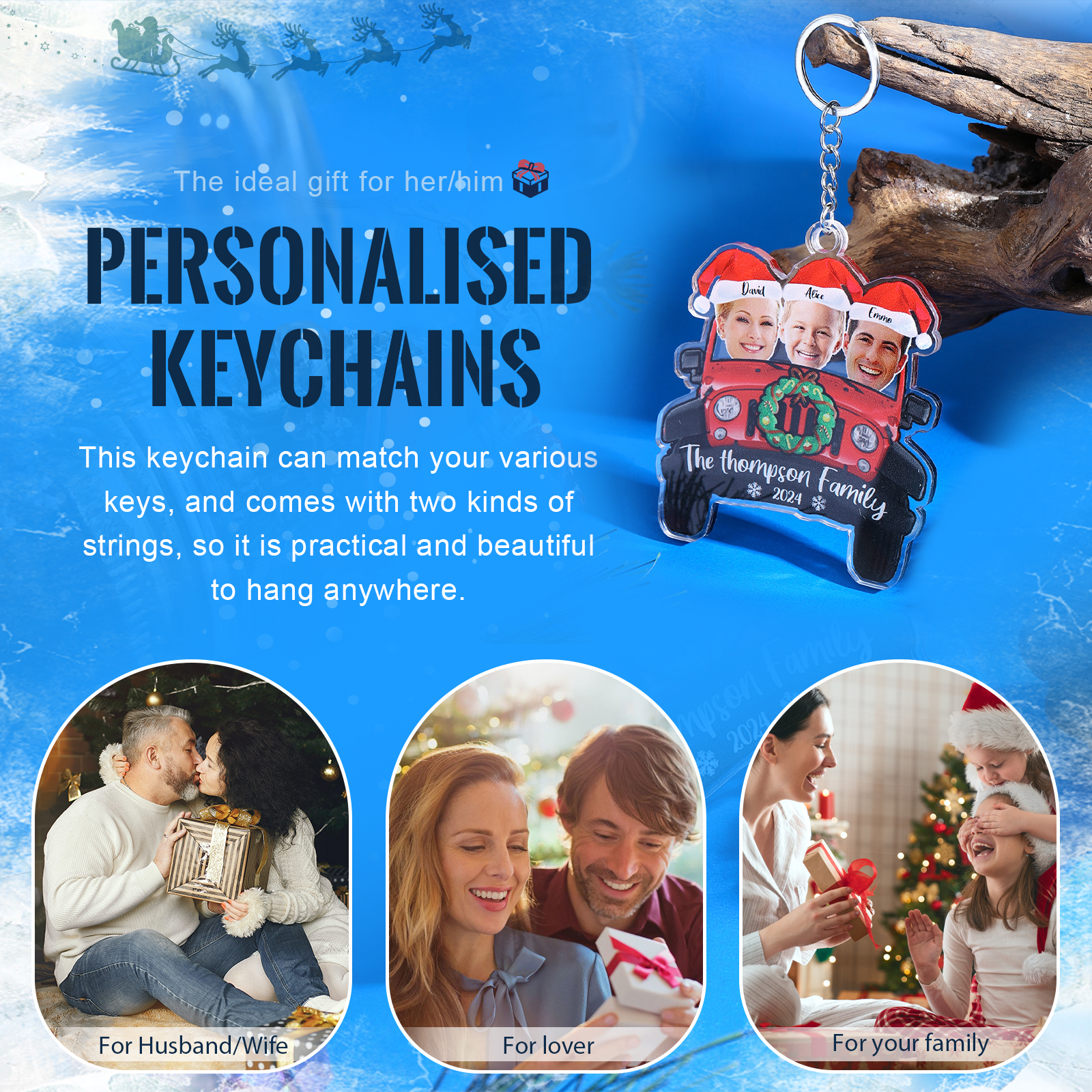 [Copy]Acrylic Christmas Car Keychain Custom 2 Photos & 2 Names & 1 Text & 1 Year Hanging Ornaments Personalised Keyring for Couple | Jessemade