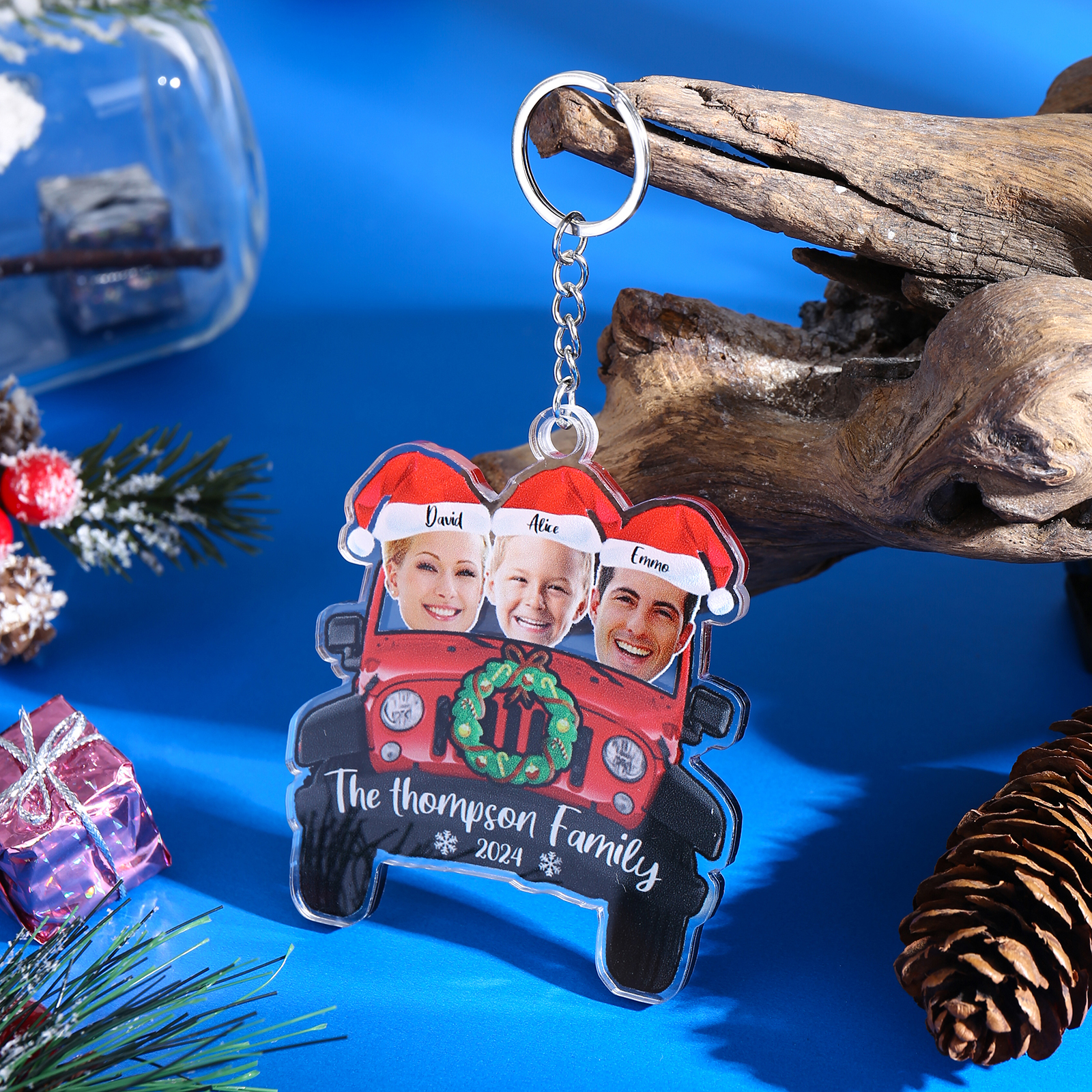 [Copy]Acrylic Christmas Car Keychain Custom 2 Photos & 2 Names & 1 Text & 1 Year Hanging Ornaments Personalised Keyring for Couple | Jessemade