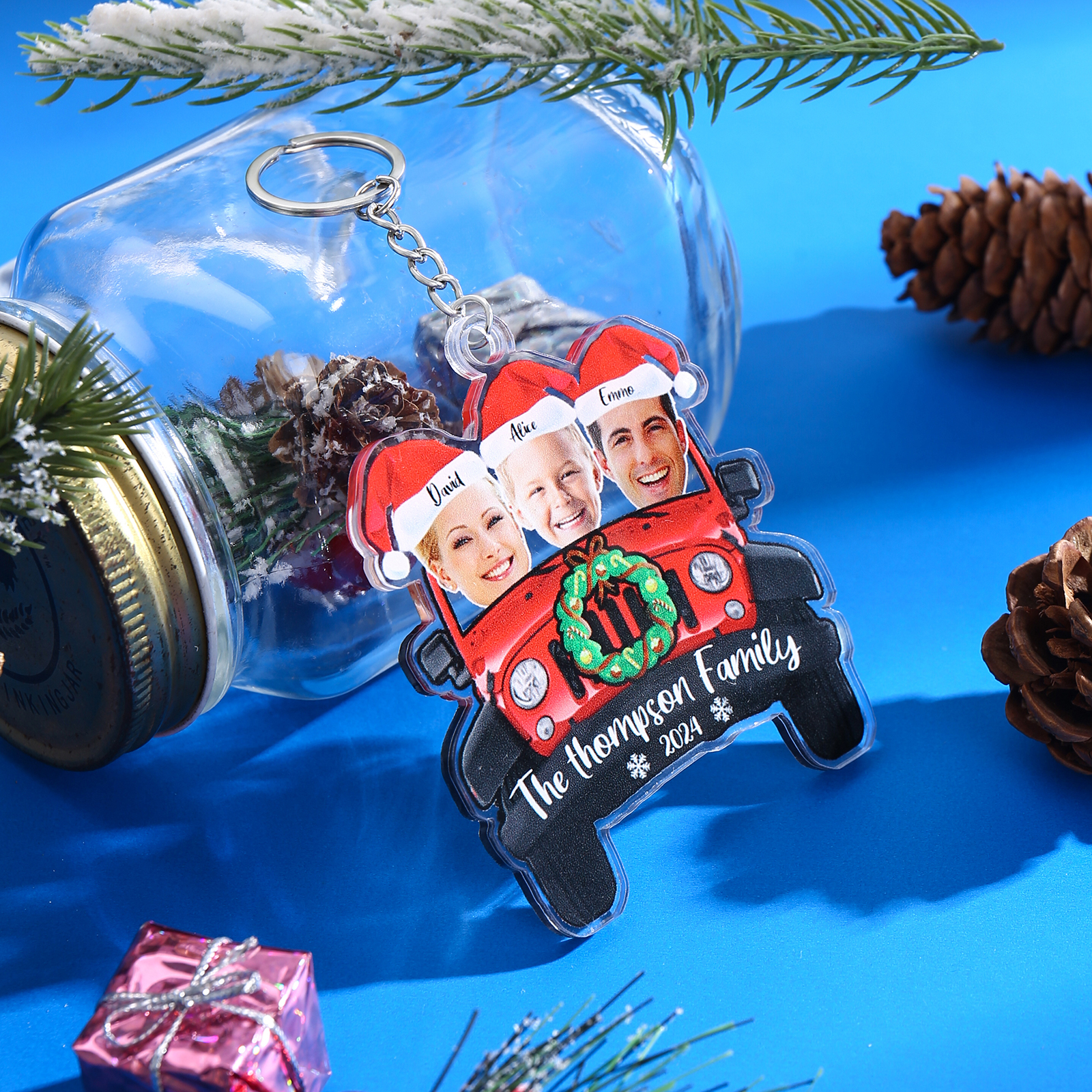 [Copy]Acrylic Christmas Car Keychain Custom 2 Photos & 2 Names & 1 Text & 1 Year Hanging Ornaments Personalised Keyring for Couple | Jessemade