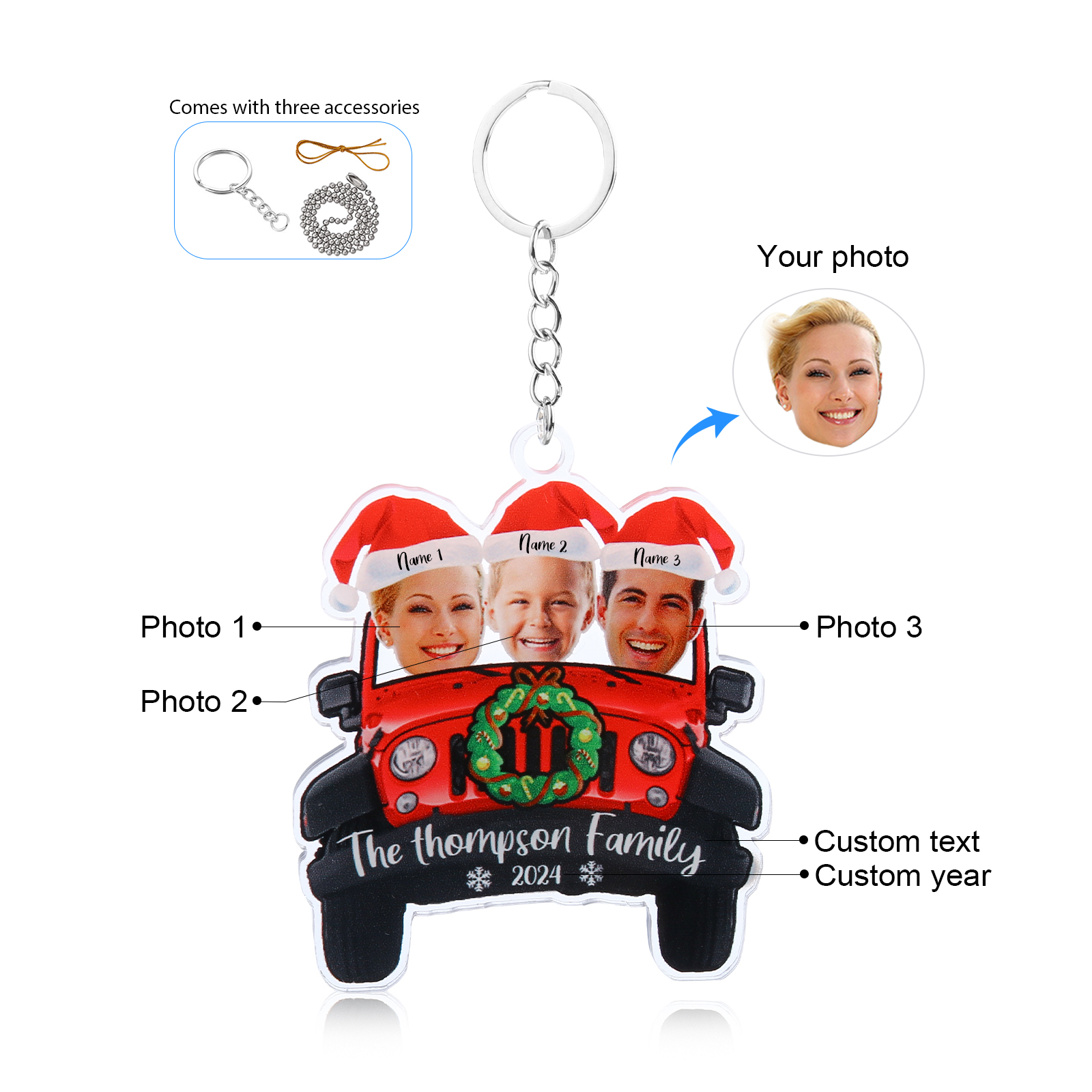 [Copy]Acrylic Christmas Car Keychain Custom 2 Photos & 2 Names & 1 Text & 1 Year Hanging Ornaments Personalised Keyring for Couple | Jessemade