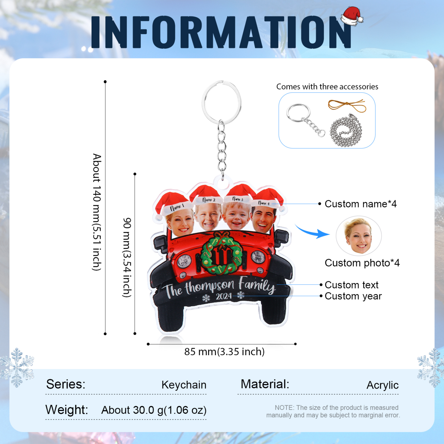 Acrylic Christmas Car Keychain Custom 4 Photos & 4 Names & 1 Text & 1 Year Hanging Ornaments Personalised Keyring for Couple | Jessemade