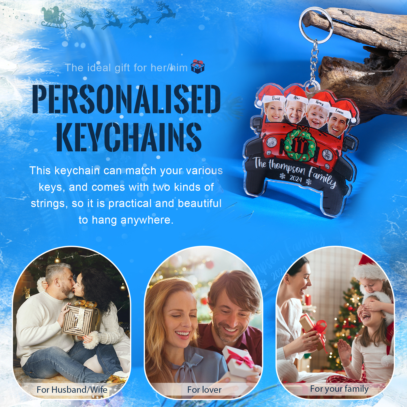 Acrylic Christmas Car Keychain Custom 4 Photos & 4 Names & 1 Text & 1 Year Hanging Ornaments Personalised Keyring for Couple | Jessemade