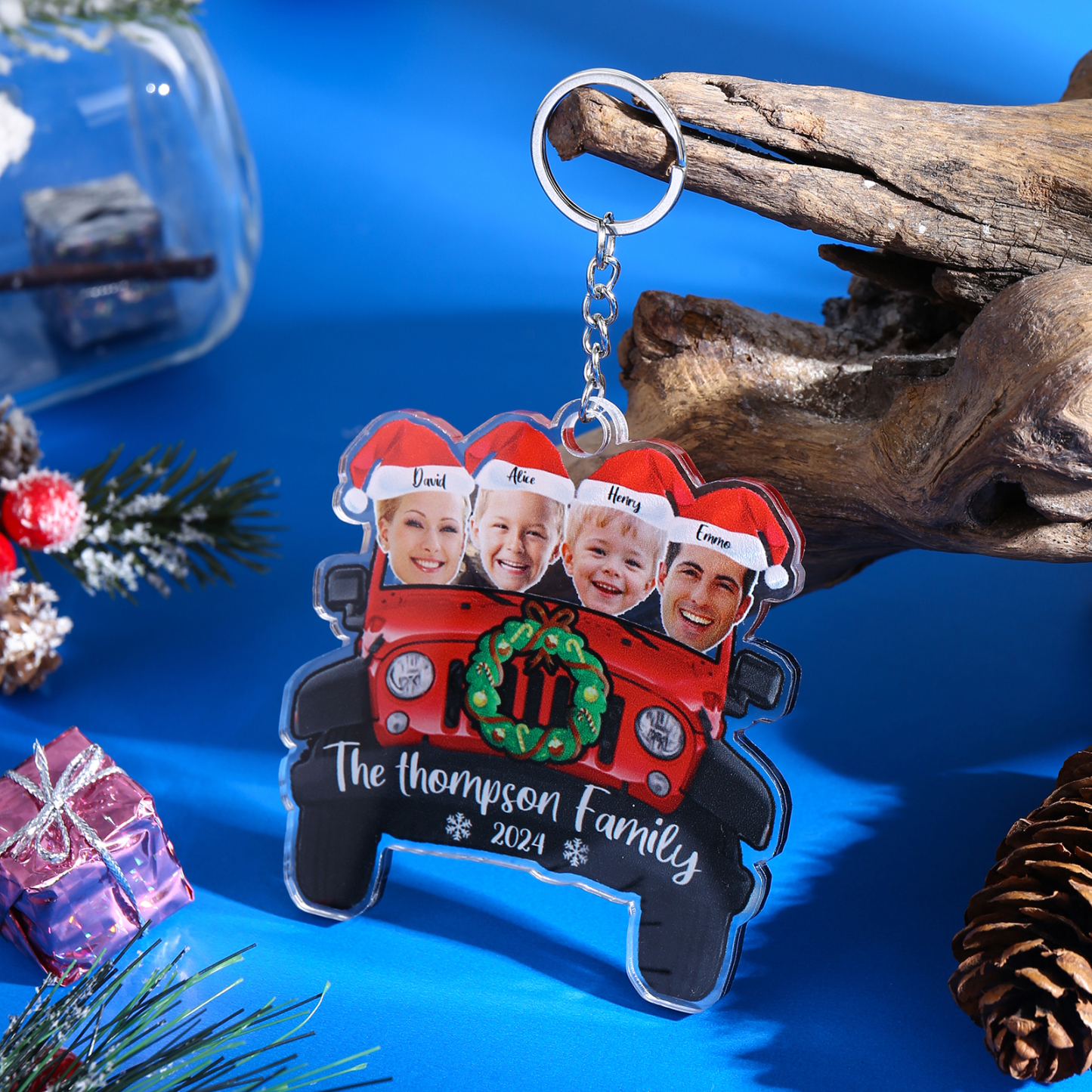 Acrylic Christmas Car Keychain Custom 4 Photos & 4 Names & 1 Text & 1 Year Hanging Ornaments Personalised Keyring for Couple | Jessemade