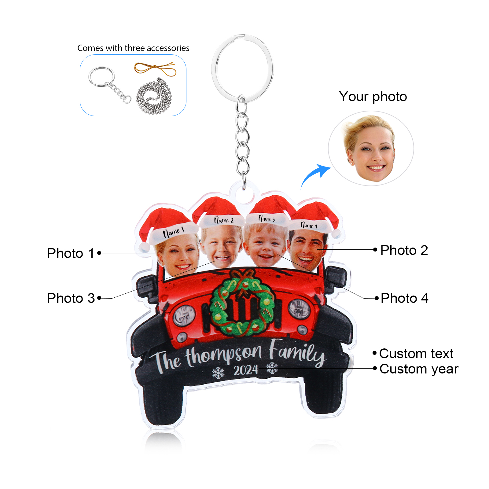 Acrylic Christmas Car Keychain Custom 4 Photos & 4 Names & 1 Text & 1 Year Hanging Ornaments Personalised Keyring for Couple | Jessemade