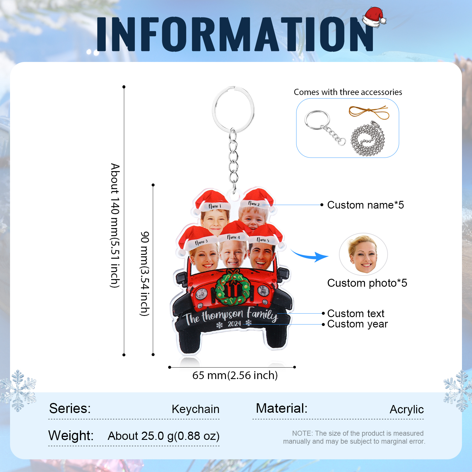 Acrylic Christmas Car Keychain Custom 5 Photos & 5 Names & 1 Text & 1 Year Hanging Ornaments Personalised Keyring for Couple | Jessemade