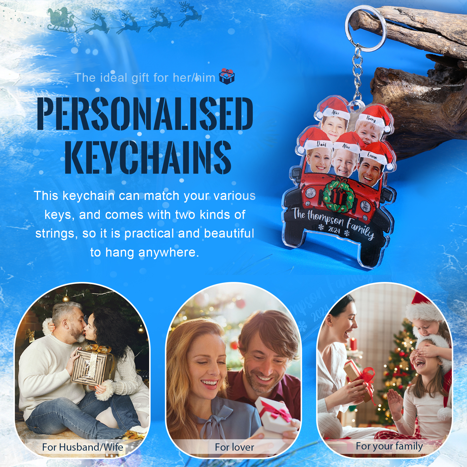 Acrylic Christmas Car Keychain Custom 5 Photos & 5 Names & 1 Text & 1 Year Hanging Ornaments Personalised Keyring for Couple | Jessemade