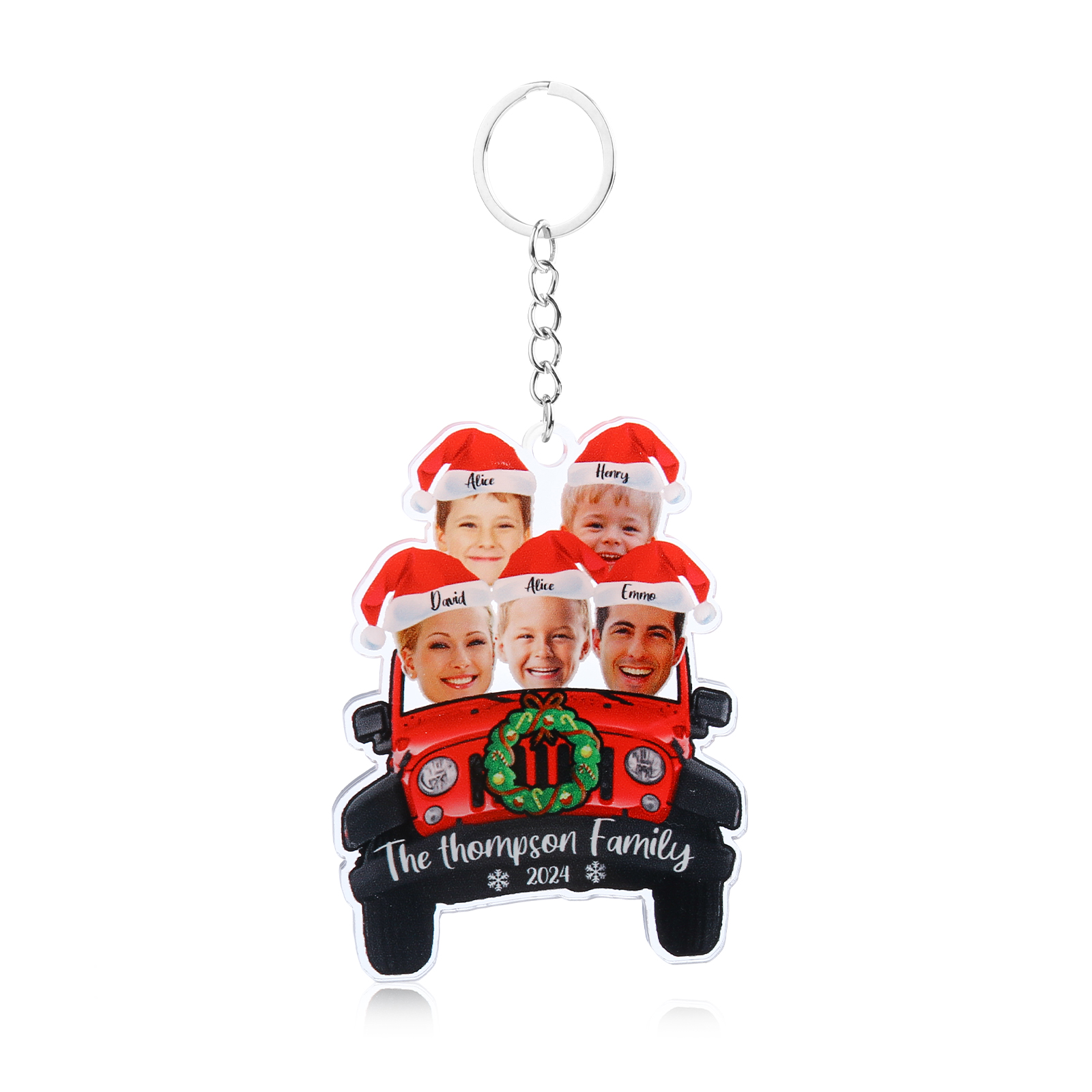 Acrylic Christmas Car Keychain Custom 5 Photos & 5 Names & 1 Text & 1 Year Hanging Ornaments Personalised Keyring for Couple | Jessemade