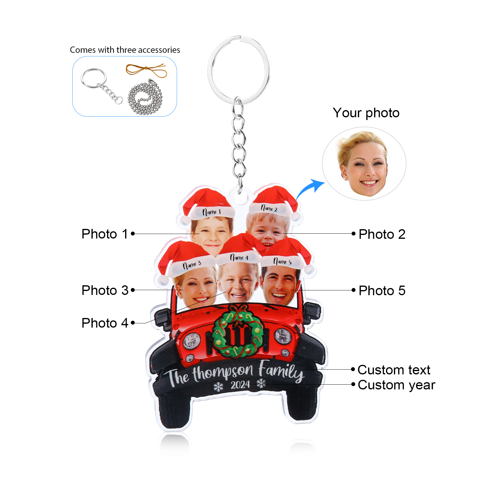 Acrylic Christmas Car Keychain Custom 5 Photos & 5 Names & 1 Text & 1 Year Hanging Ornaments Personalised Keyring for Couple | Jessemade