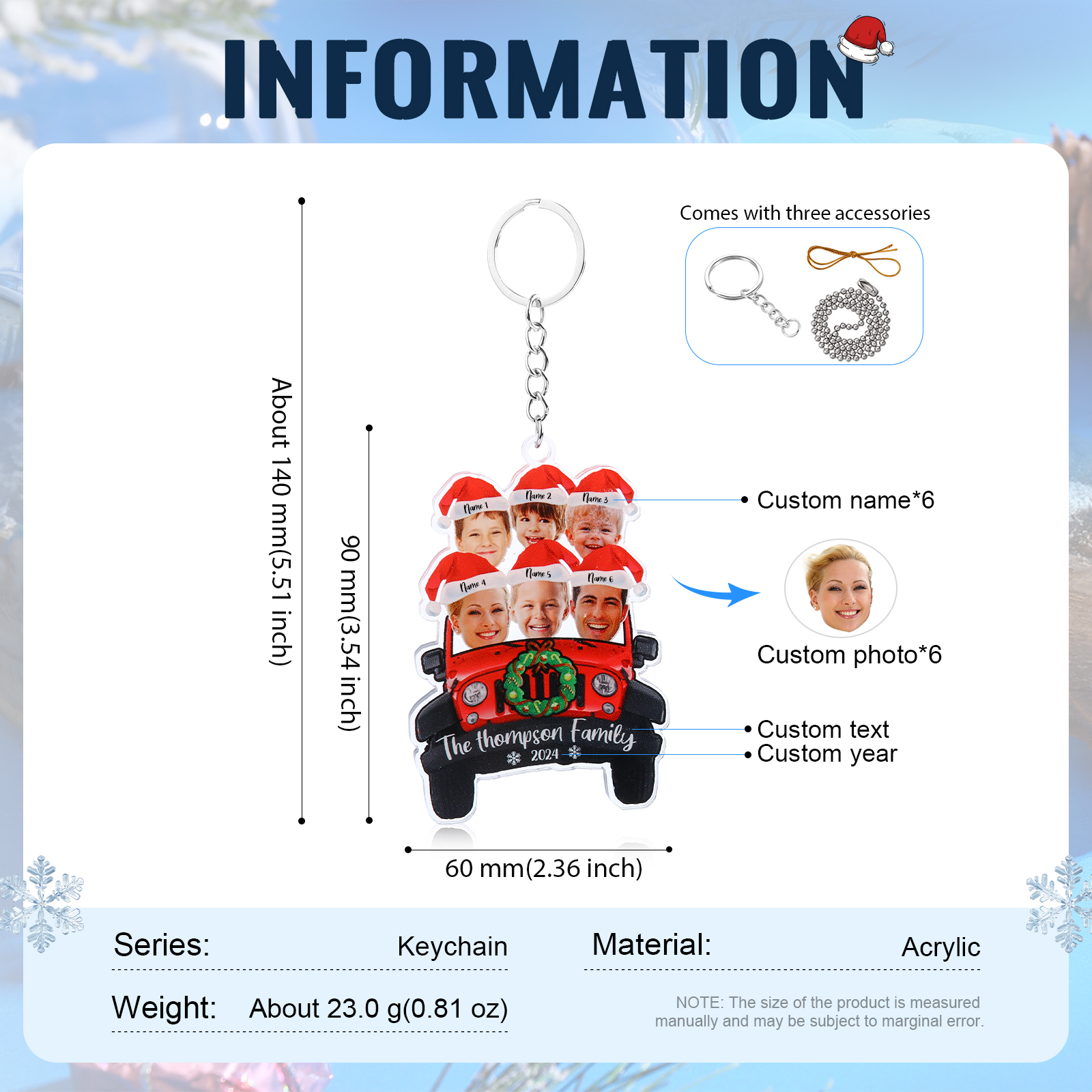 Acrylic Christmas Car Keychain Custom 6 Photos & 6 Names & 1 Text & 1 Year Hanging Ornaments Personalised Keyring for Couple | Jessemade