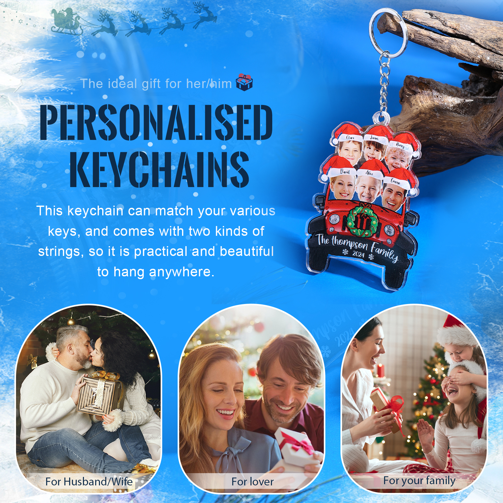 Acrylic Christmas Car Keychain Custom 6 Photos & 6 Names & 1 Text & 1 Year Hanging Ornaments Personalised Keyring for Couple | Jessemade