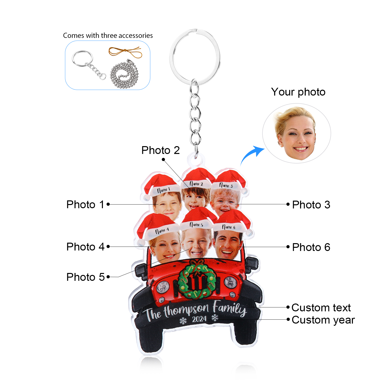 Acrylic Christmas Car Keychain Custom 6 Photos & 6 Names & 1 Text & 1 Year Hanging Ornaments Personalised Keyring for Couple | Jessemade