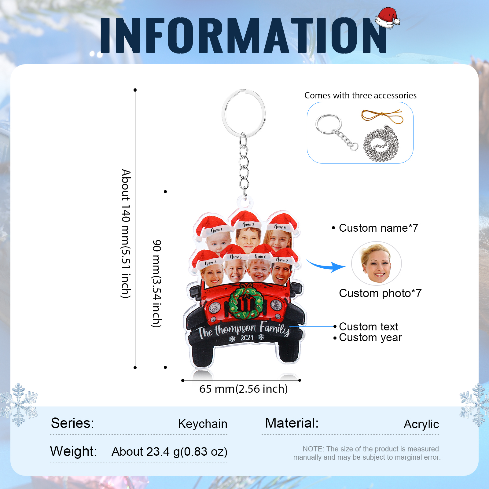 Acrylic Christmas Car Keychain Custom 7 Photos & 7 Names & 1 Text & 1 Year Hanging Ornaments Personalised Keyring for Couple | Jessemade