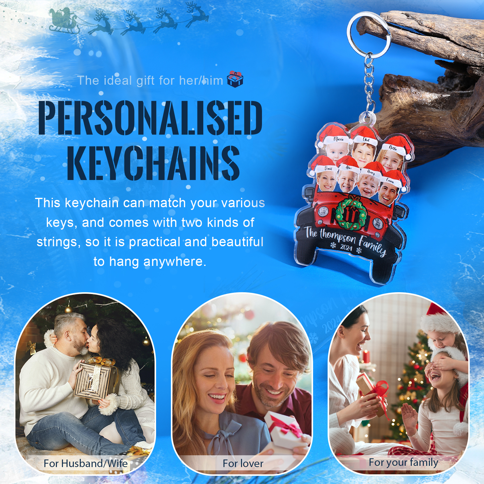 Acrylic Christmas Car Keychain Custom 7 Photos & 7 Names & 1 Text & 1 Year Hanging Ornaments Personalised Keyring for Couple | Jessemade