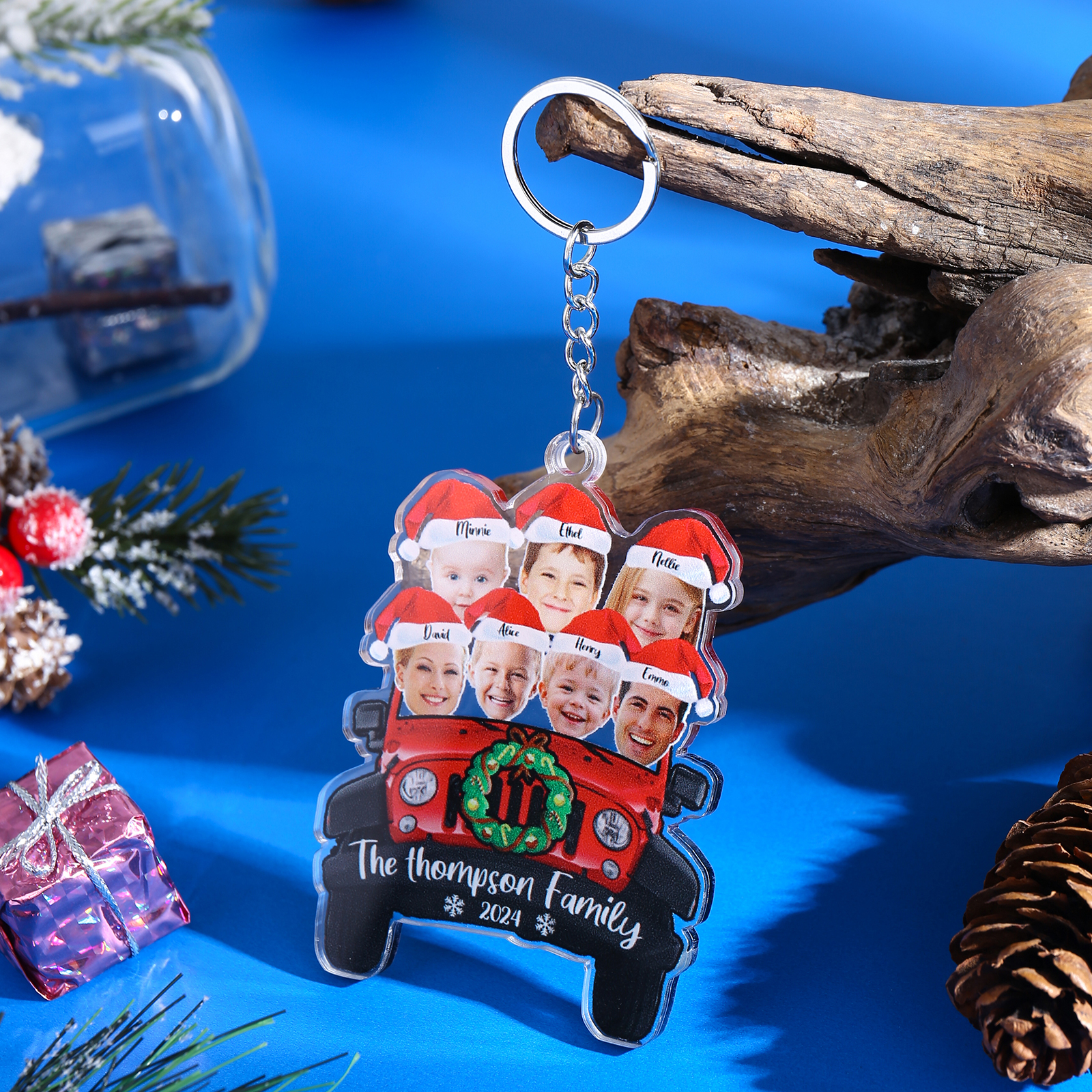 Acrylic Christmas Car Keychain Custom 7 Photos & 7 Names & 1 Text & 1 Year Hanging Ornaments Personalised Keyring for Couple | Jessemade