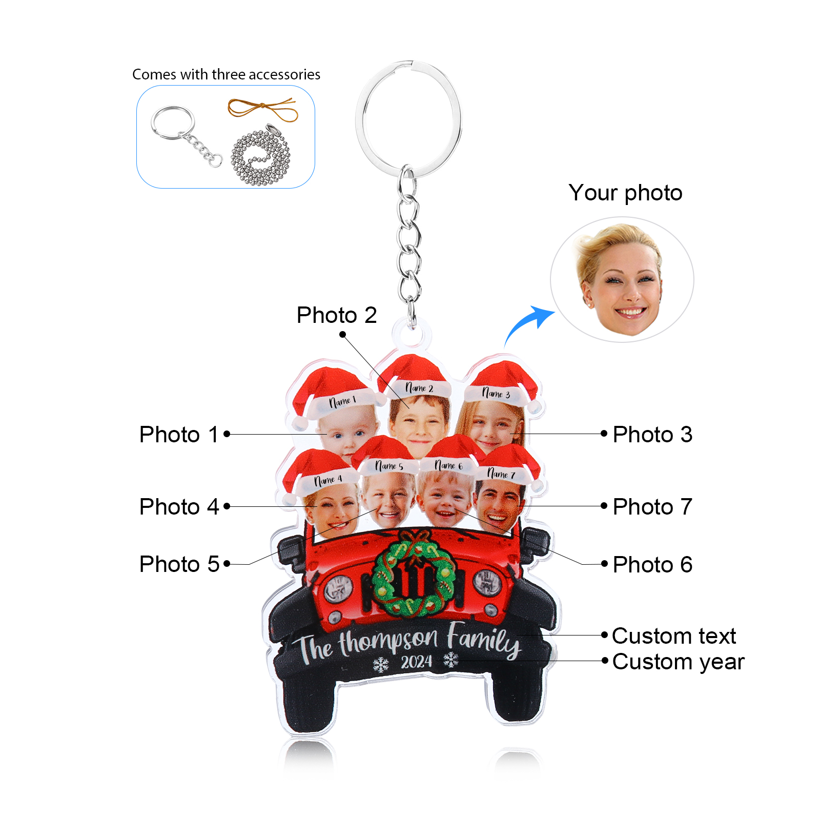 Acrylic Christmas Car Keychain Custom 7 Photos & 7 Names & 1 Text & 1 Year Hanging Ornaments Personalised Keyring for Couple | Jessemade