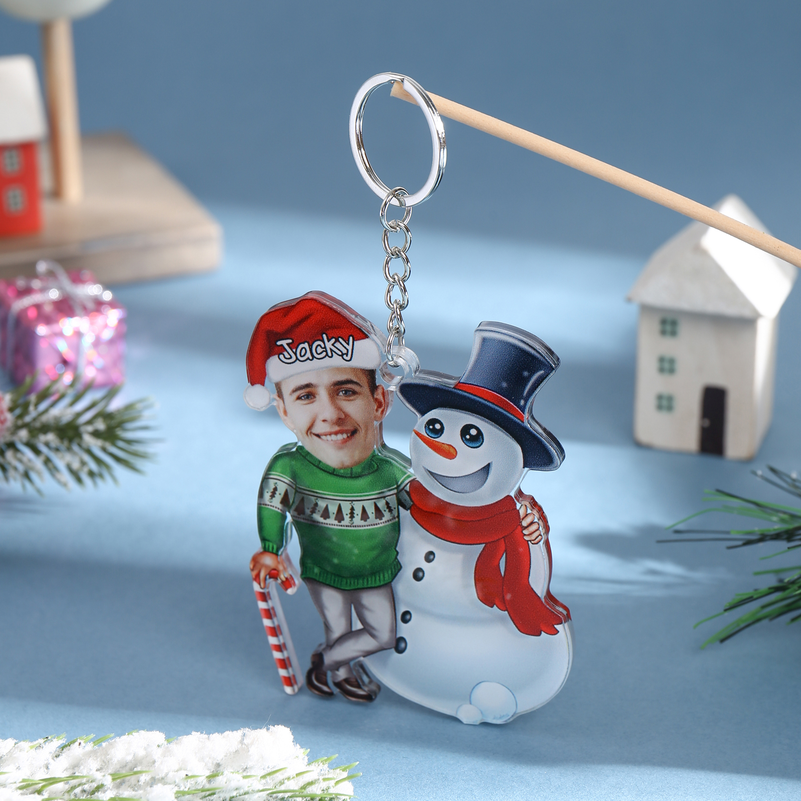 Acrylic Christmas Snowman Keychain Custom Photo & Name Hanging Ornaments Personalised Keyring for Family Friends | Jessmade