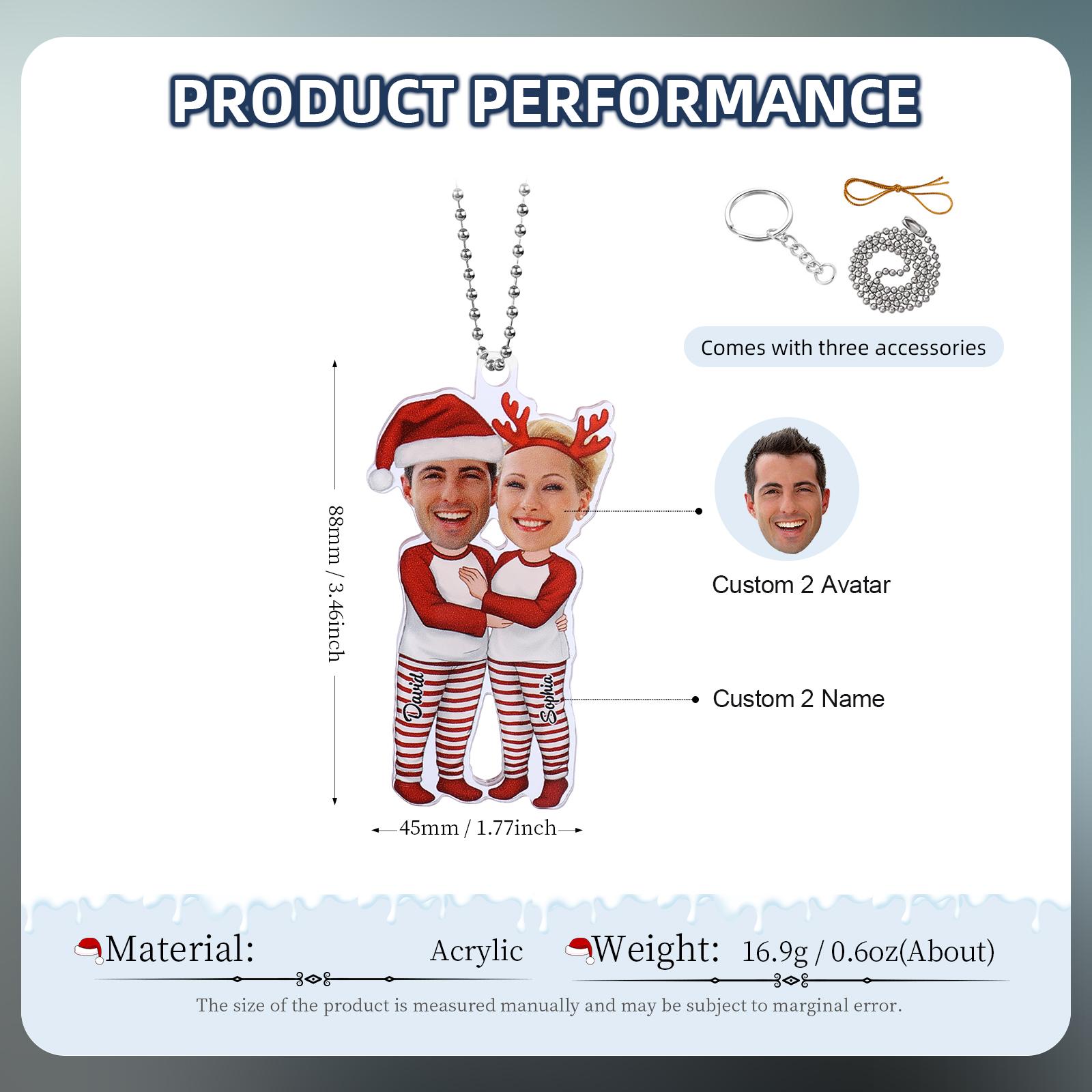 Acrylic Christmas Keychain Custom 2 Photos & 2 Names Hanging Ornaments Personalised Keyring for Couple | Jessmade