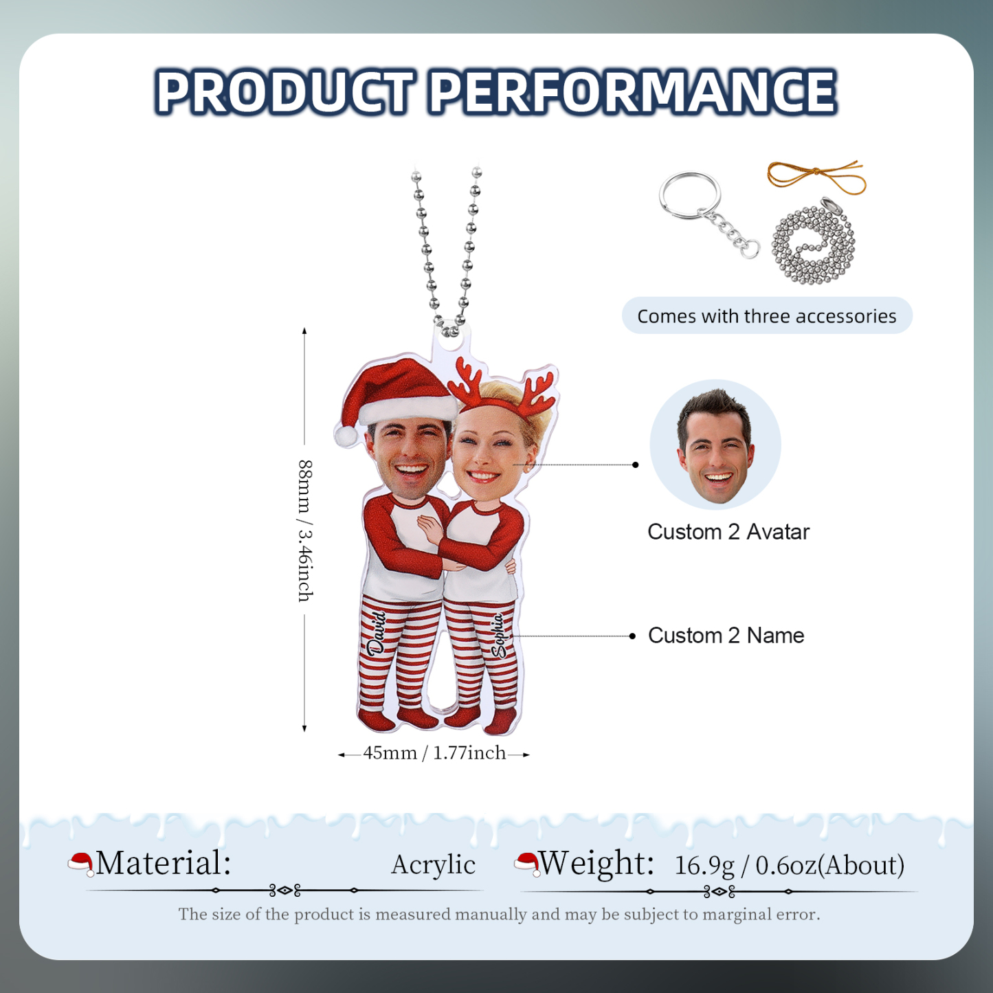 Acrylic Christmas Keychain Custom 2 Photos & 2 Names Hanging Ornaments Personalised Keyring for Couple | Jessmade