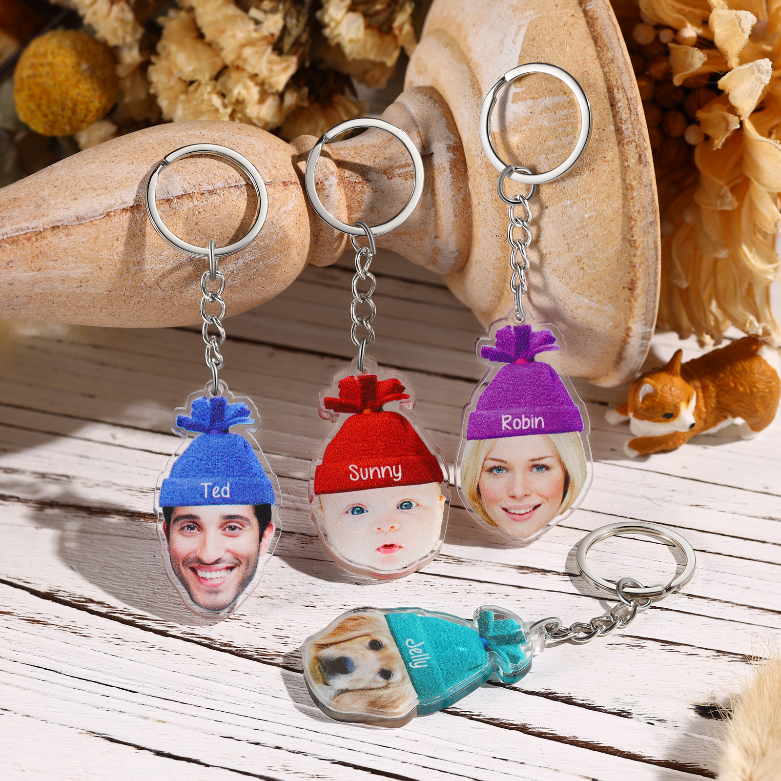Acrylic Christmas Keyring Custom Photo & Name Hanging Ornaments Personalised Keychain for Family Friends | Jessemade