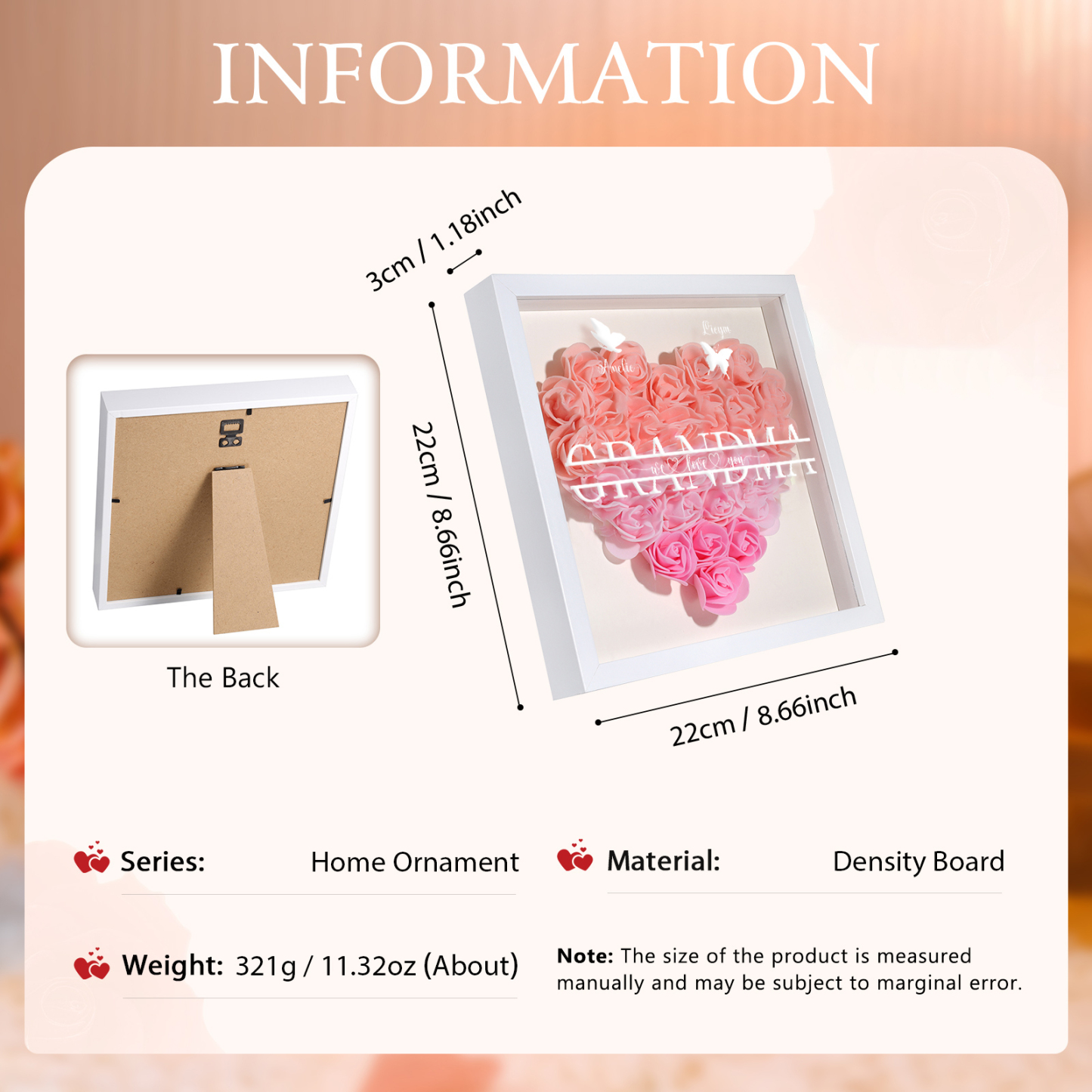 Personalised Flower Shadow Box Custom 2-7 Names & 1 Text Heart Rose Frame Decor Gift for Grandma | Jessemade