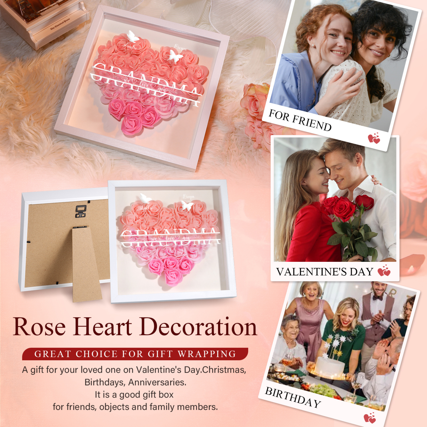 Personalised Flower Shadow Box Custom 2-7 Names & 1 Text Heart Rose Frame Decor Gift for Grandma | Jessemade