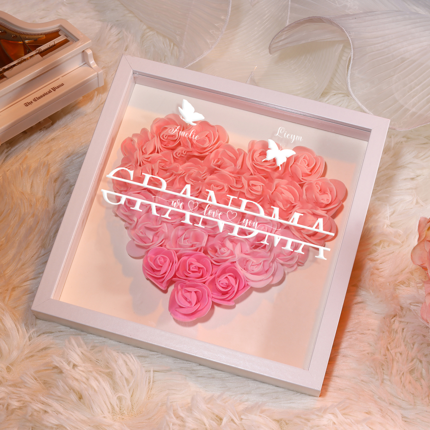 Personalised Flower Shadow Box Custom 2-7 Names & 1 Text Heart Rose Frame Decor Gift for Grandma | Jessemade