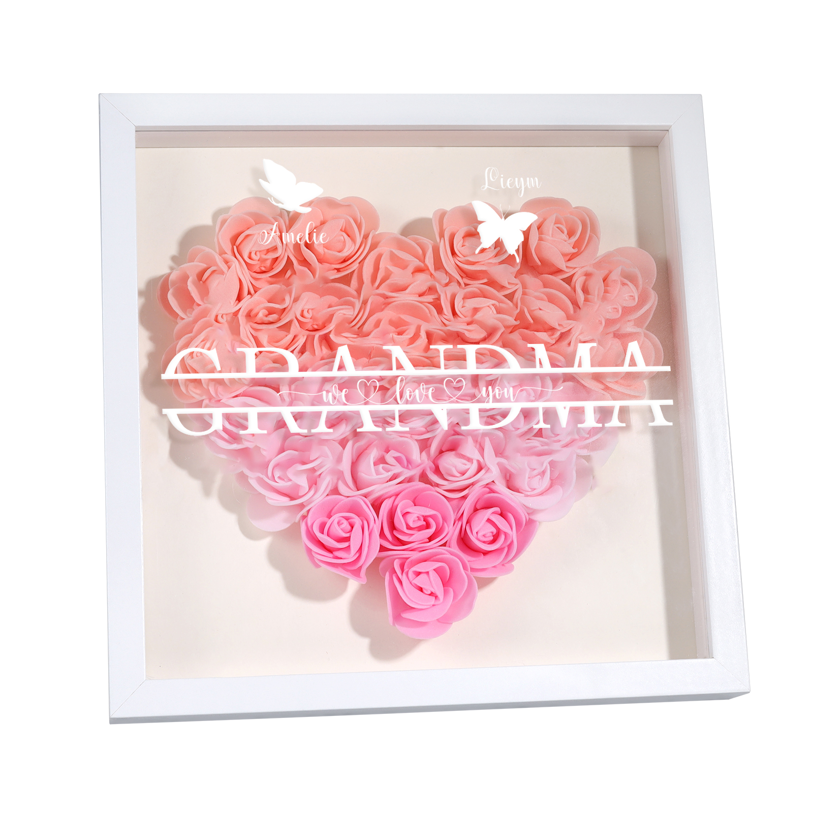 Personalised Flower Shadow Box Custom 2-7 Names & 1 Text Heart Rose Frame Decor Gift for Grandma | Jessemade