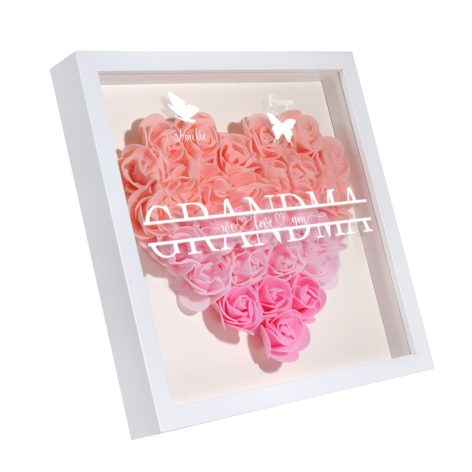 Personalised Flower Shadow Box Custom 2-7 Names & 1 Text Heart Rose Frame Decor Gift for Grandma | Jessemade