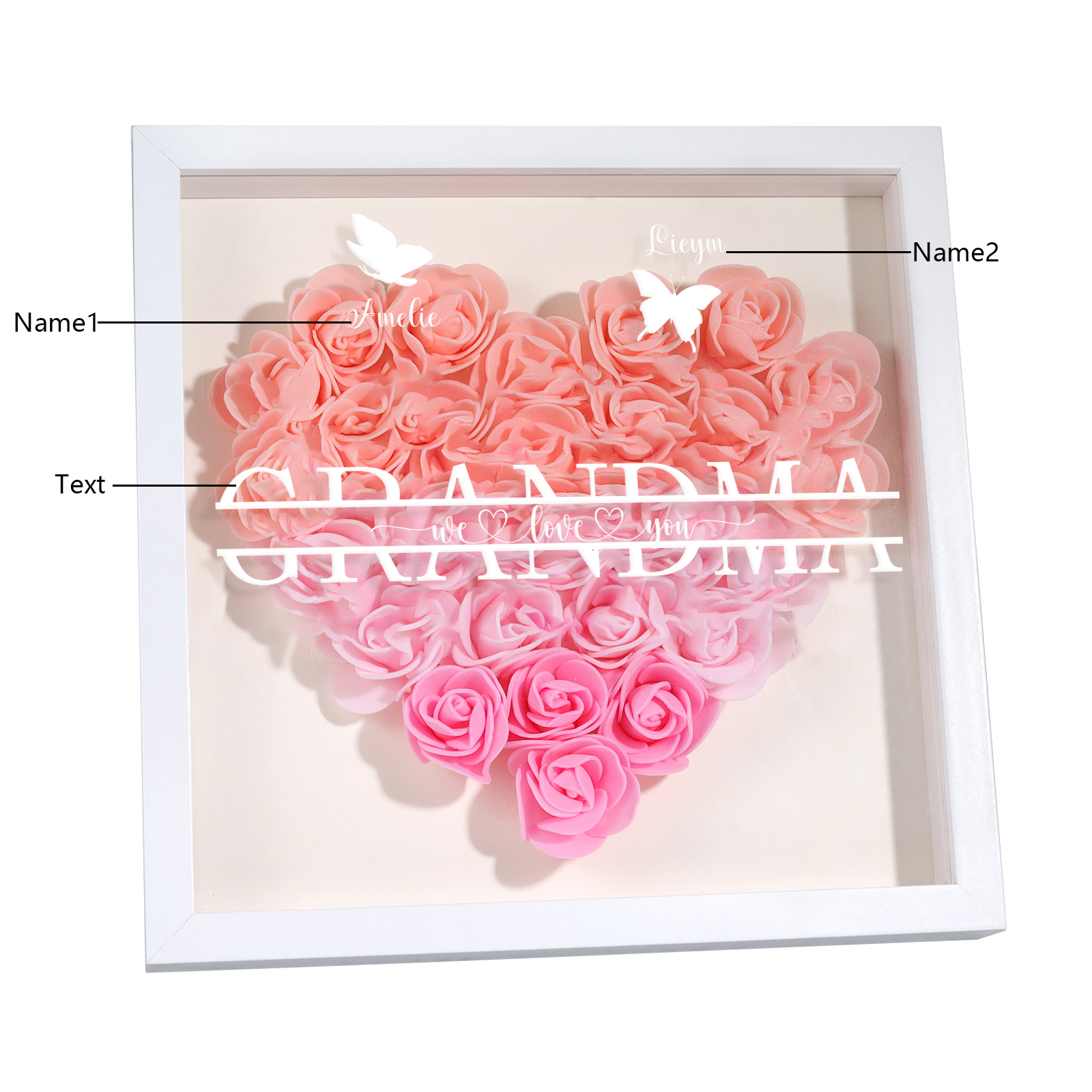 Personalised Flower Shadow Box Custom 2-7 Names & 1 Text Heart Rose Frame Decor Gift for Grandma | Jessemade