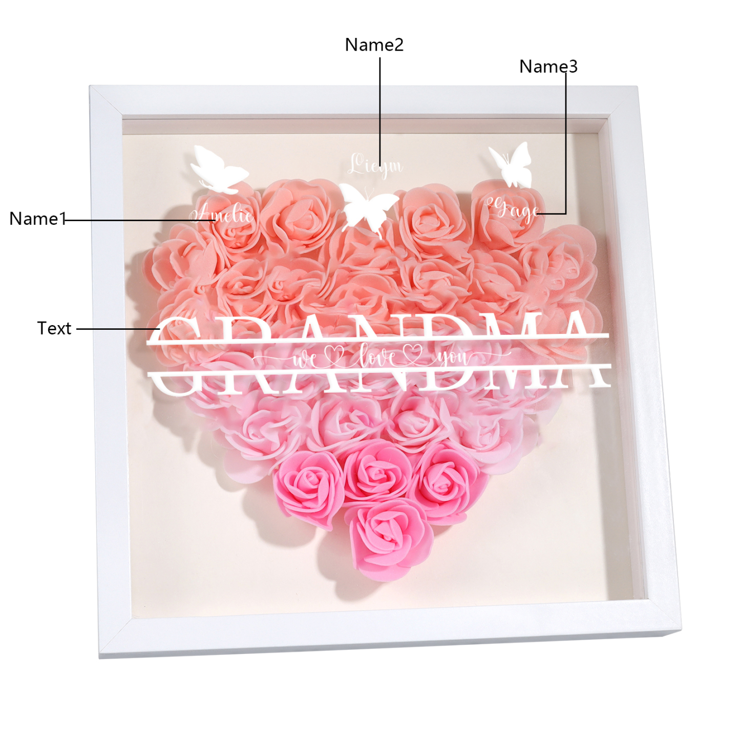 Personalised Flower Shadow Box Custom 2-7 Names & 1 Text Heart Rose Frame Decor Gift for Grandma | Jessemade