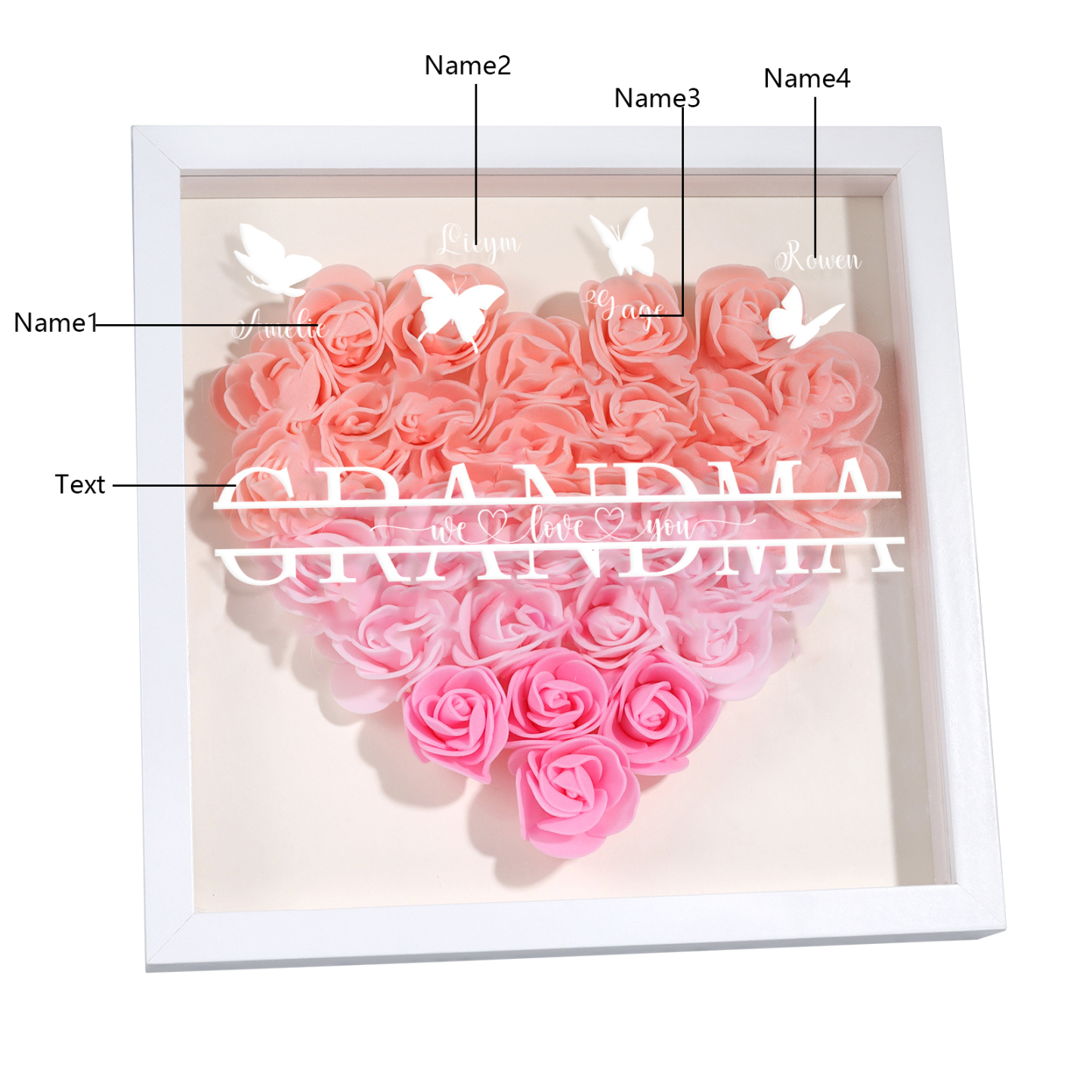 Personalised Flower Shadow Box Custom 2-7 Names & 1 Text Heart Rose Frame Decor Gift for Grandma | Jessemade