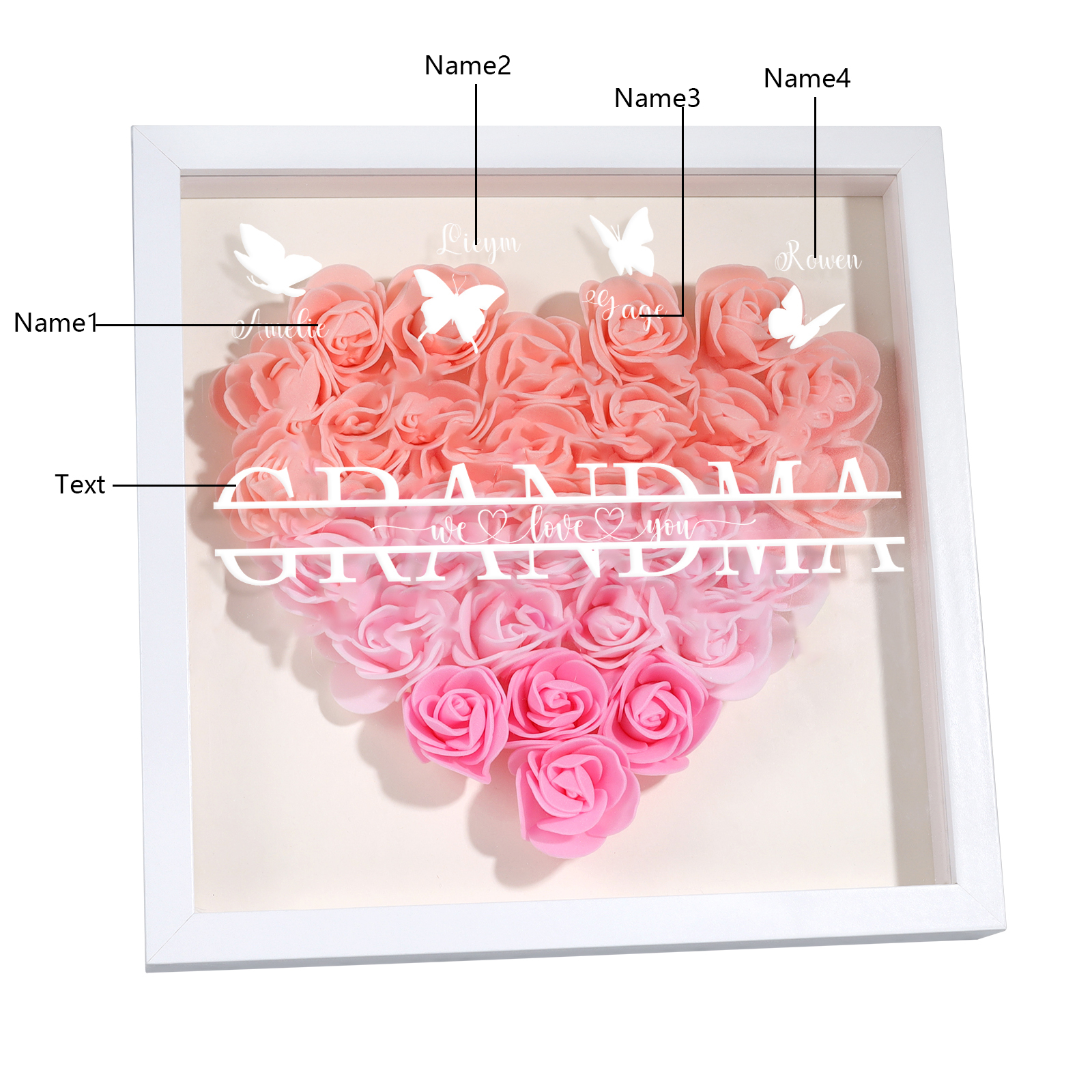 Personalised Flower Shadow Box Custom 2-7 Names & 1 Text Heart Rose Frame Decor Gift for Grandma | Jessemade