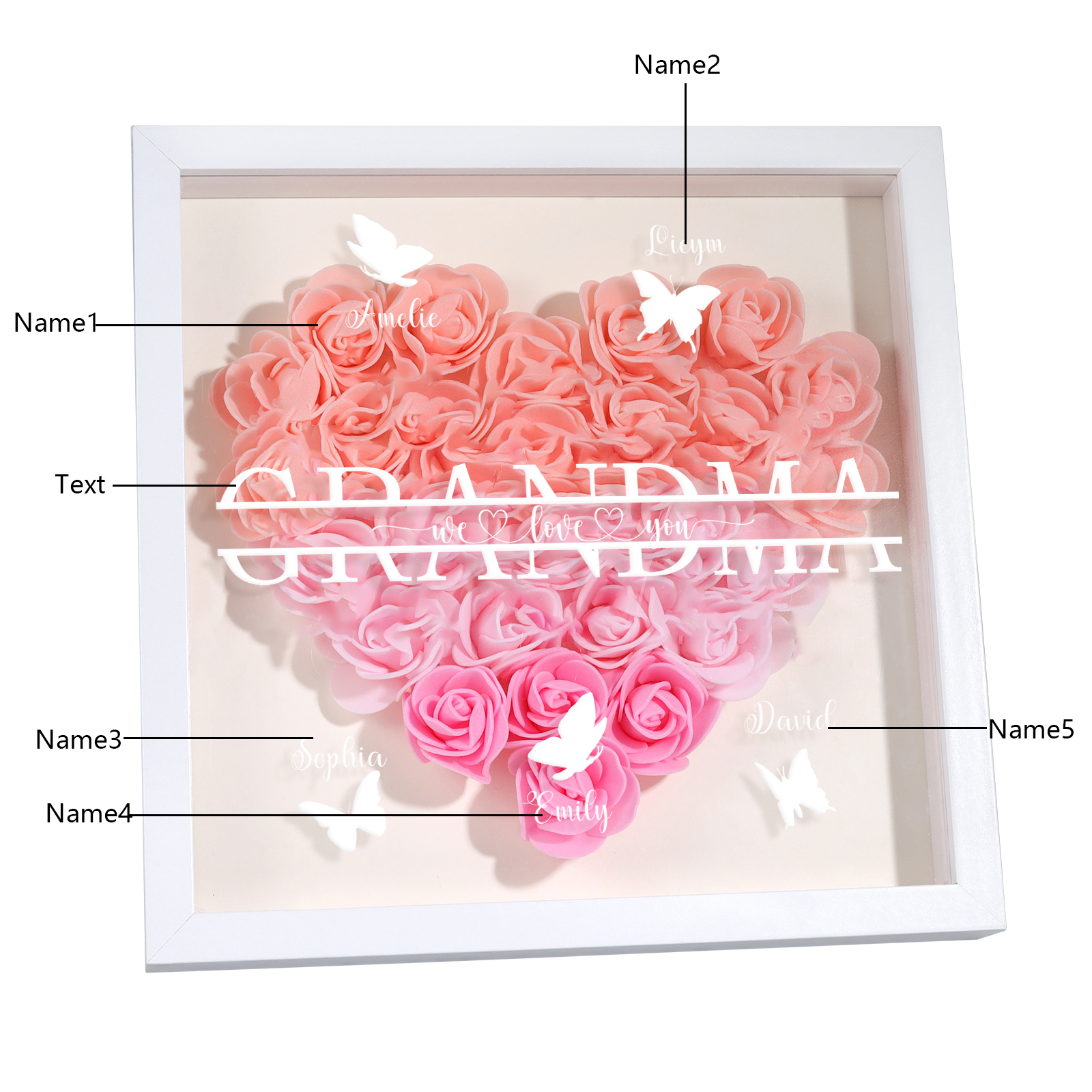 Personalised Flower Shadow Box Custom 2-7 Names & 1 Text Heart Rose Frame Decor Gift for Grandma | Jessemade