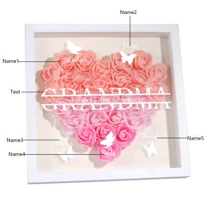 Personalised Flower Shadow Box Custom 2-7 Names & 1 Text Heart Rose Frame Decor Gift for Grandma | Jessemade
