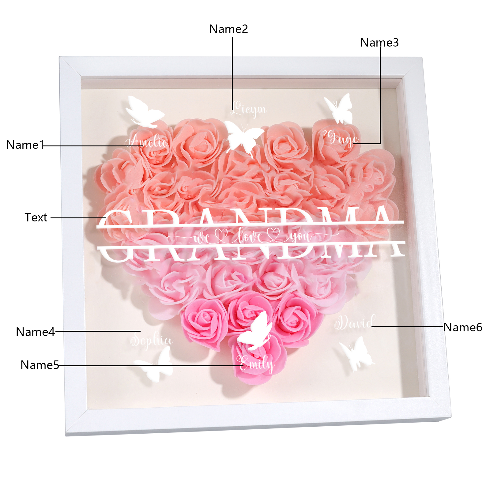Personalised Flower Shadow Box Custom 2-7 Names & 1 Text Heart Rose Frame Decor Gift for Grandma | Jessemade