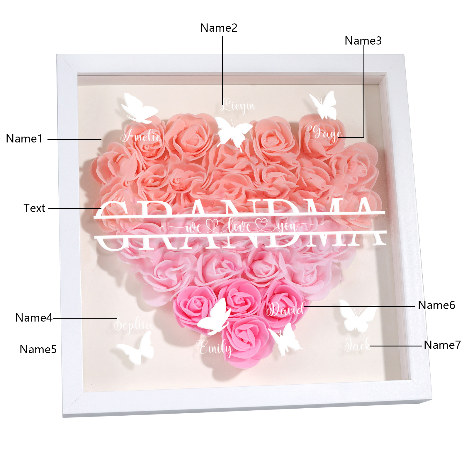 Personalised Flower Shadow Box Custom 2-7 Names & 1 Text Heart Rose Frame Decor Gift for Grandma | Jessemade