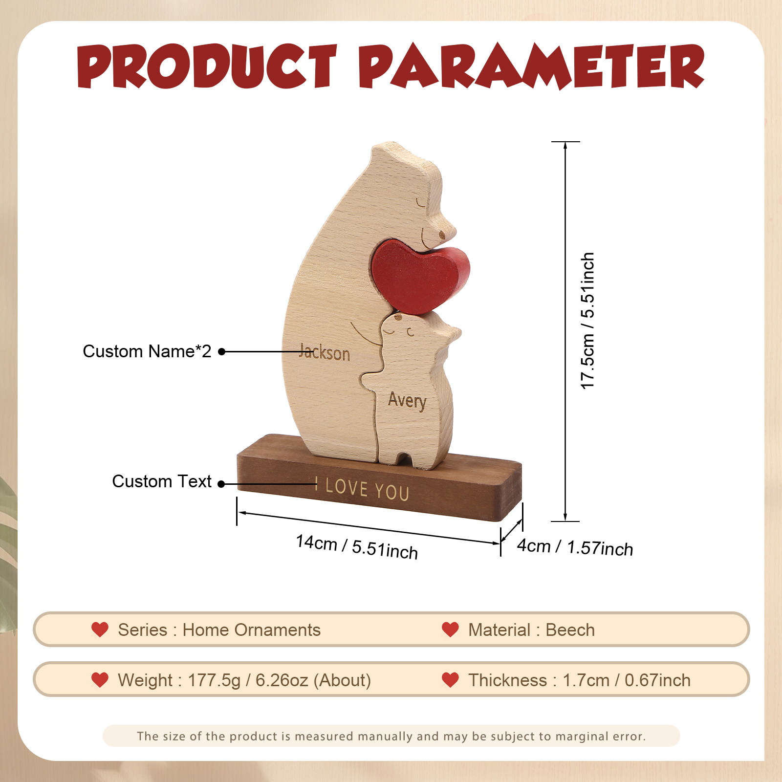 Personalized Bear Family Ornament Custom 2 Names & 1 Text Puzzles Home Decor Gifts for Family