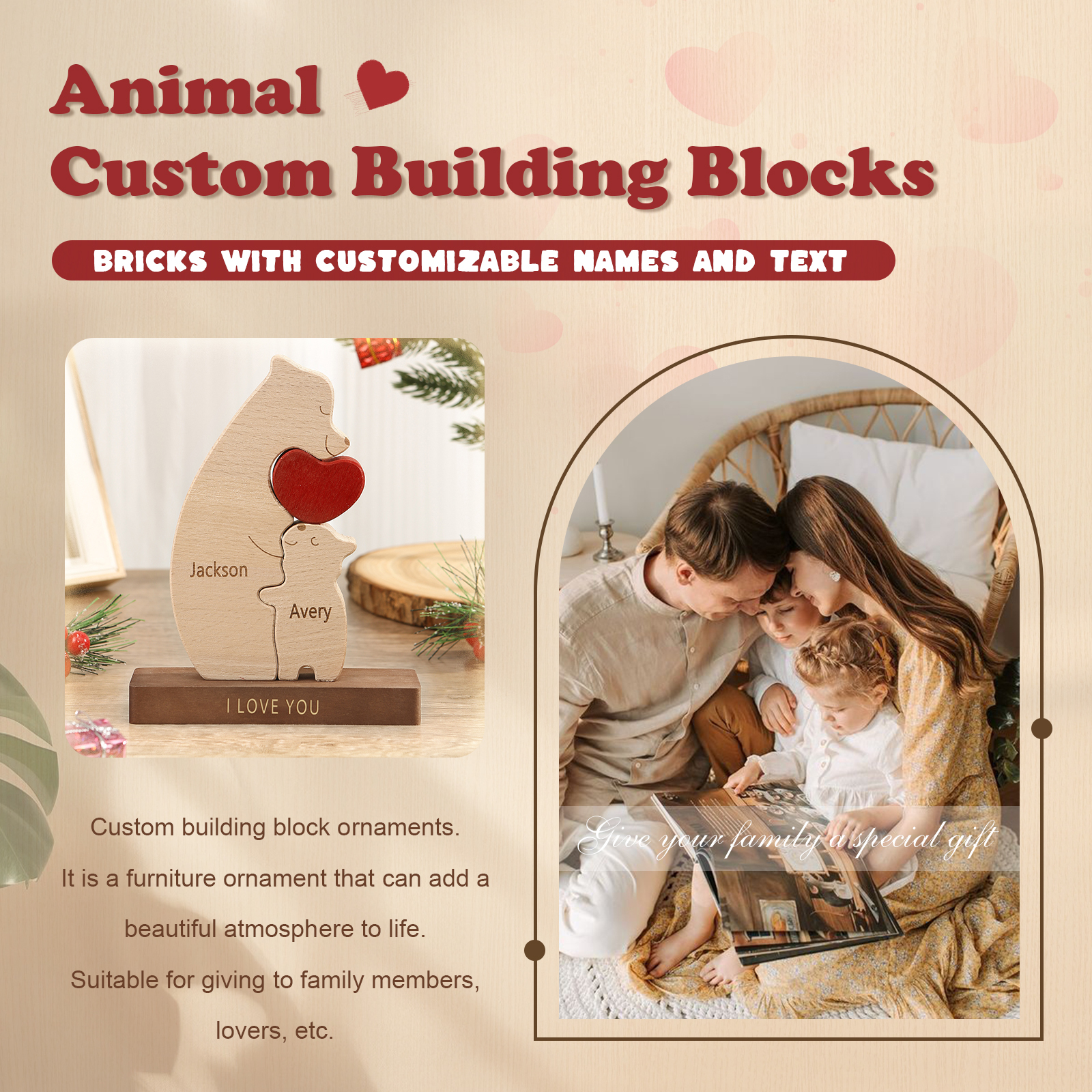 Personalized Bear Family Ornament Custom 2 Names & 1 Text Puzzles Home Decor Gifts for Family