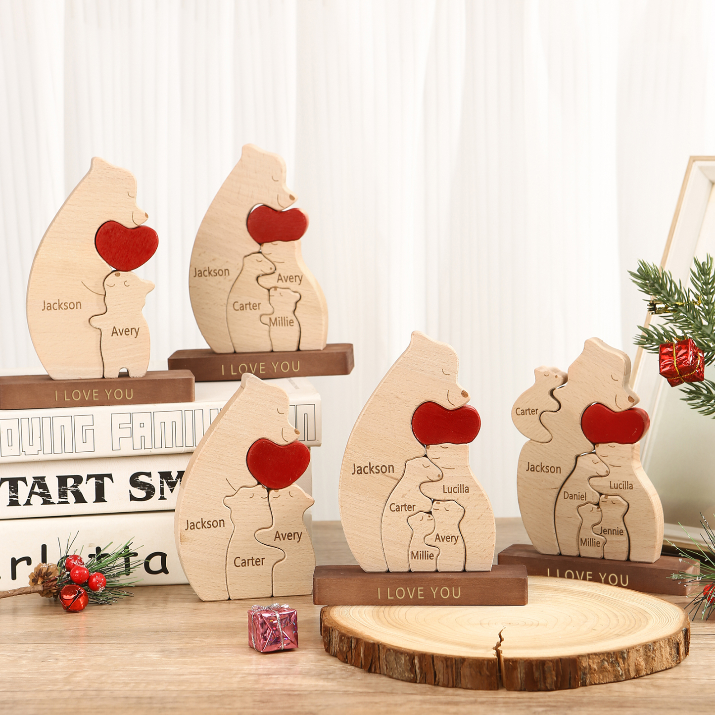 Personalized Bear Family Ornament Custom 4 Names & 1 Text Puzzles Home Decor Gifts for Family