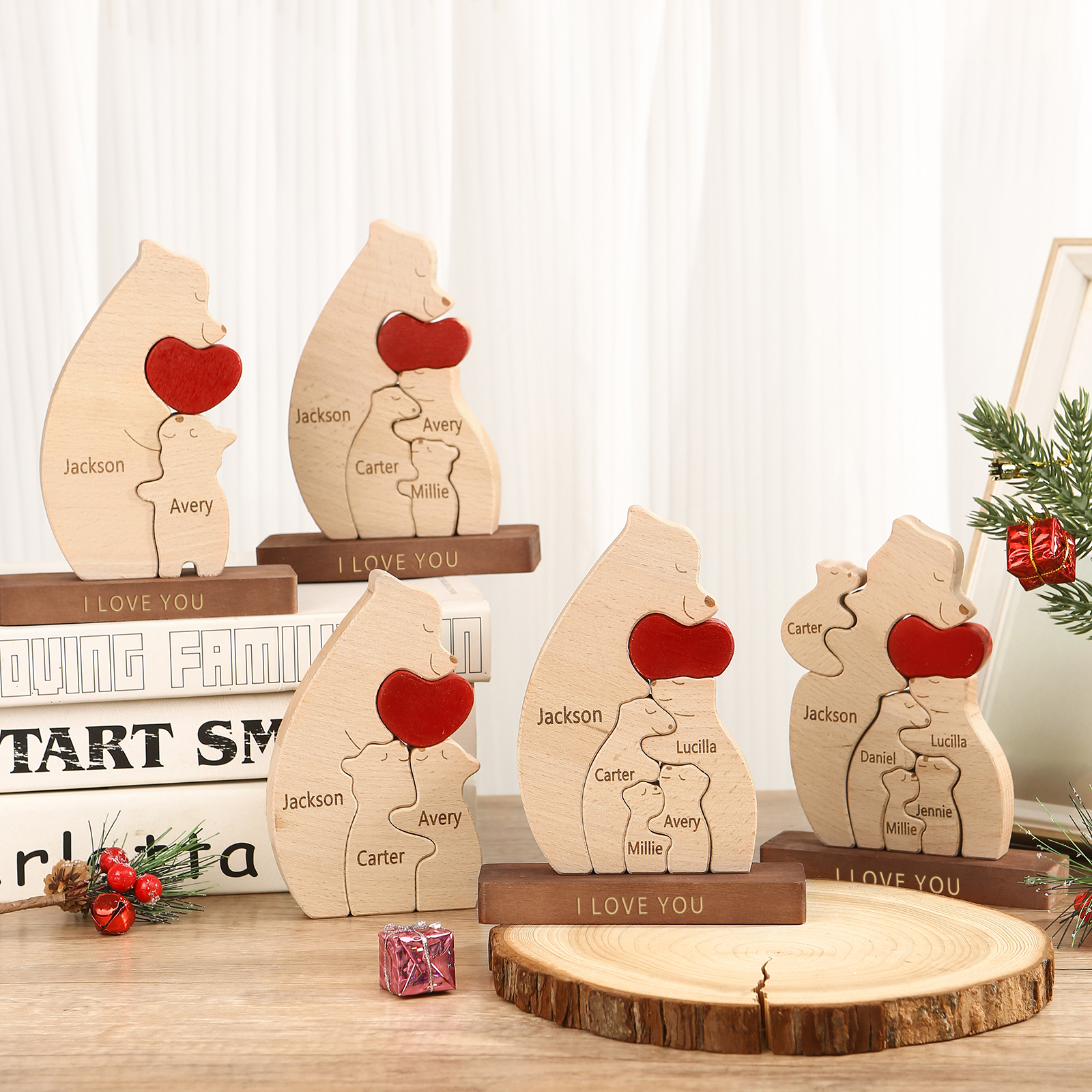 Personalized Bear Family Ornament Custom 4 Names & 1 Text Puzzles Home Decor Gifts for Family