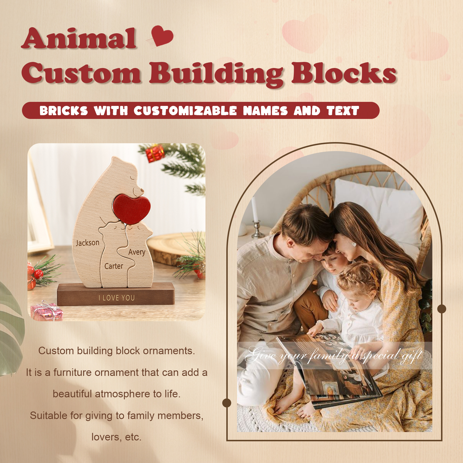 Personalized Bear Family Ornament Custom 3 Names & 1 Text Puzzles Home Decor Gifts for Family