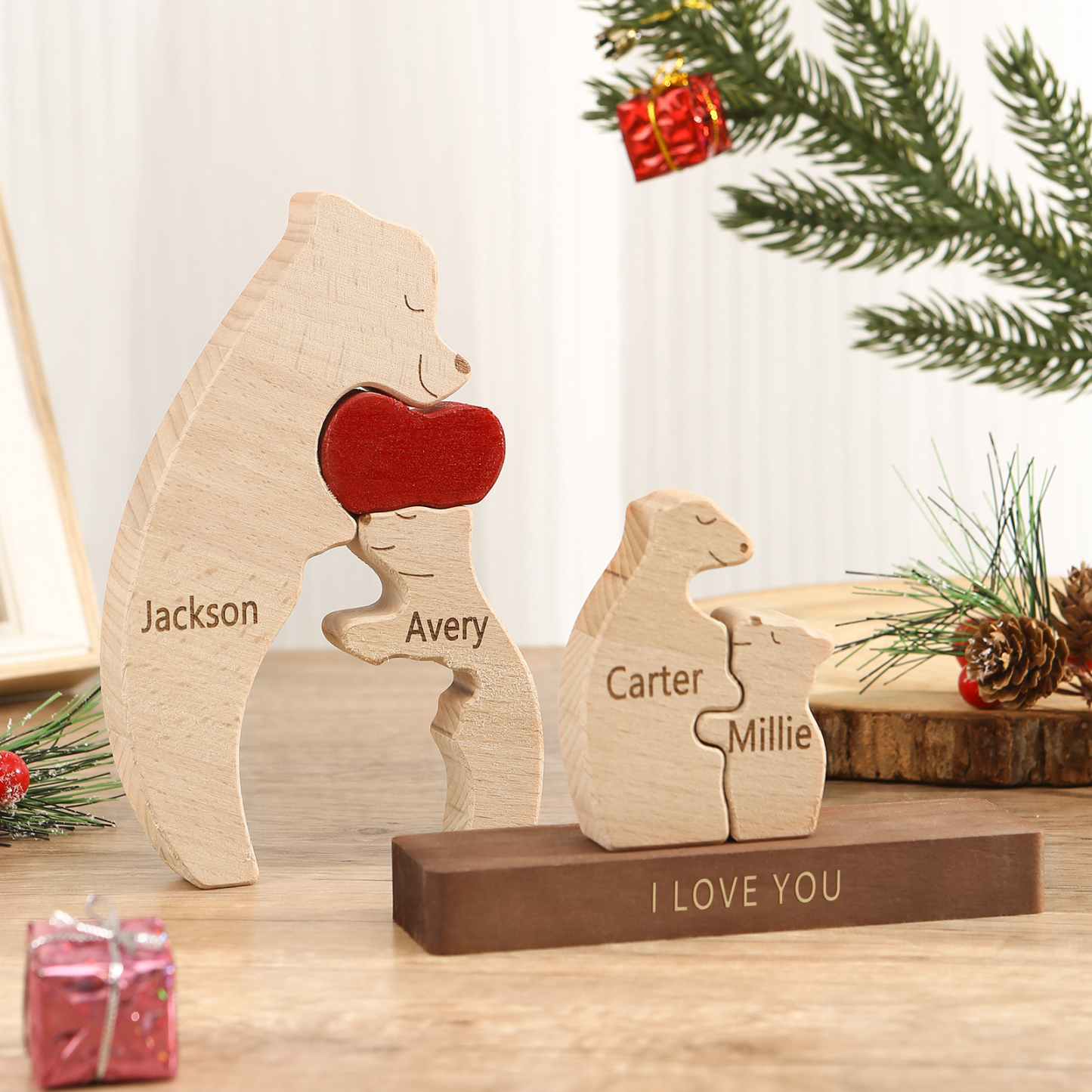 Personalized Bear Family Ornament Custom 4 Names & 1 Text Puzzles Home Decor Gifts for Family