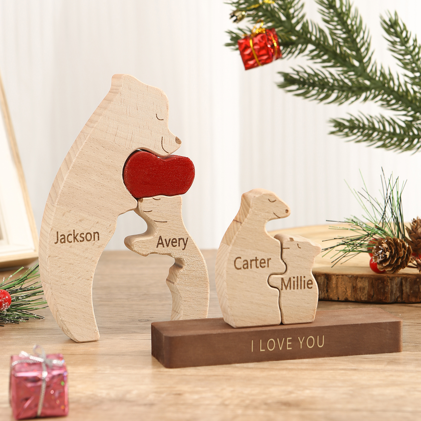 Personalized Bear Family Ornament Custom 4 Names & 1 Text Puzzles Home Decor Gifts for Family