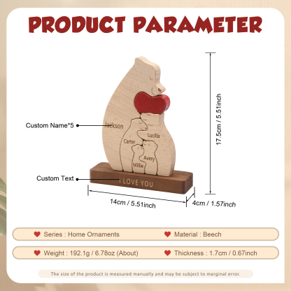 Personalized Bear Family Ornament Custom 5 Names & 1 Text Puzzles Home Decor Gifts for Family