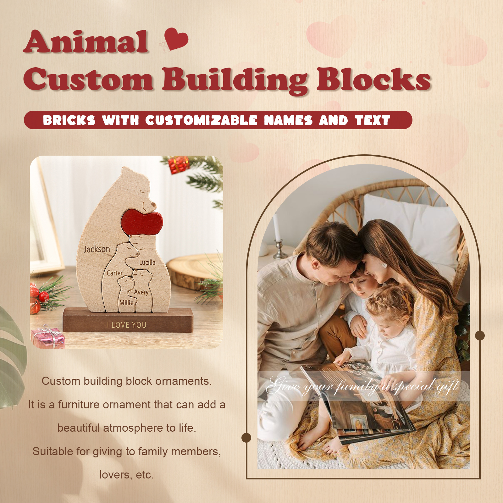 Personalized Bear Family Ornament Custom 5 Names & 1 Text Puzzles Home Decor Gifts for Family