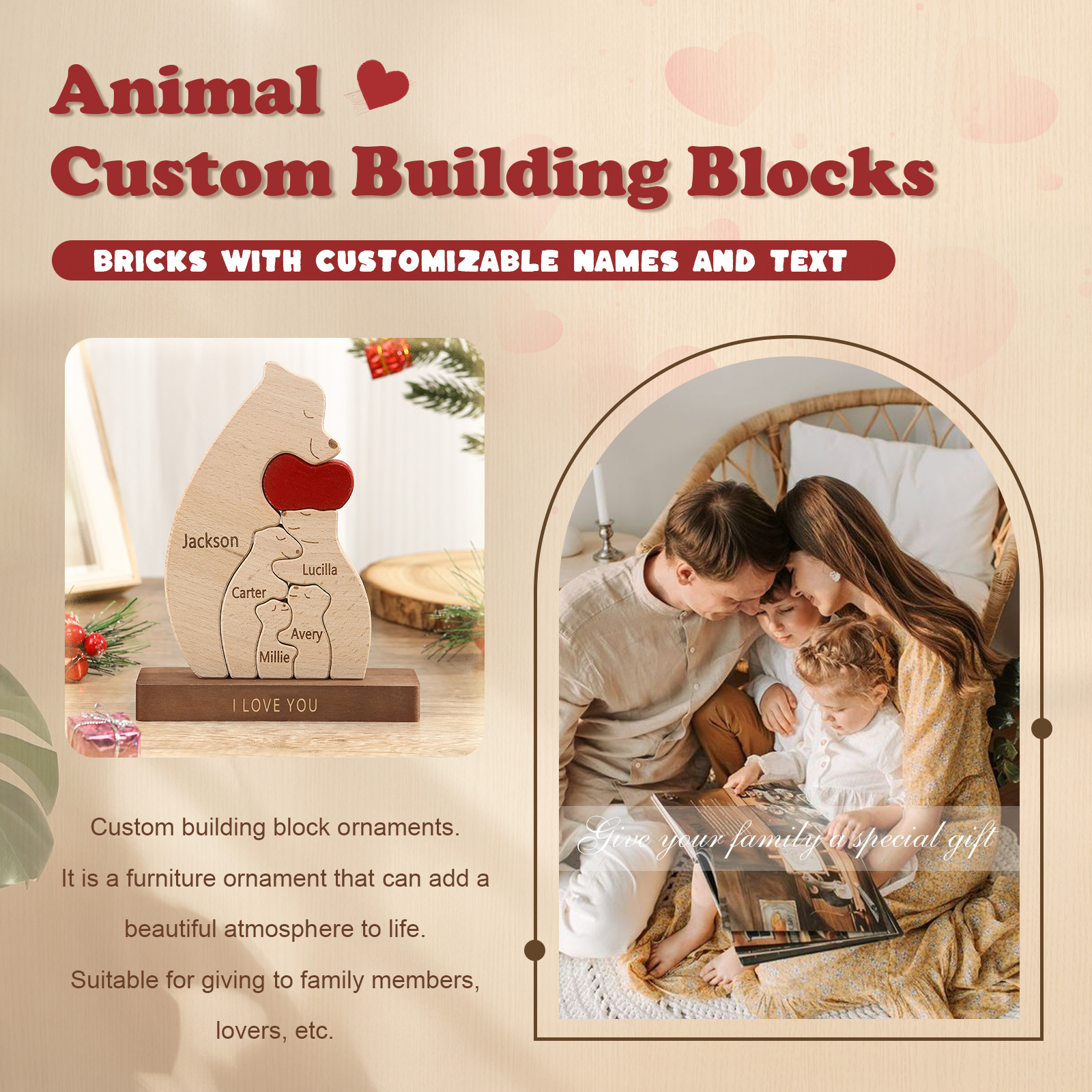 Personalized Bear Family Ornament Custom 5 Names & 1 Text Puzzles Home Decor Gifts for Family