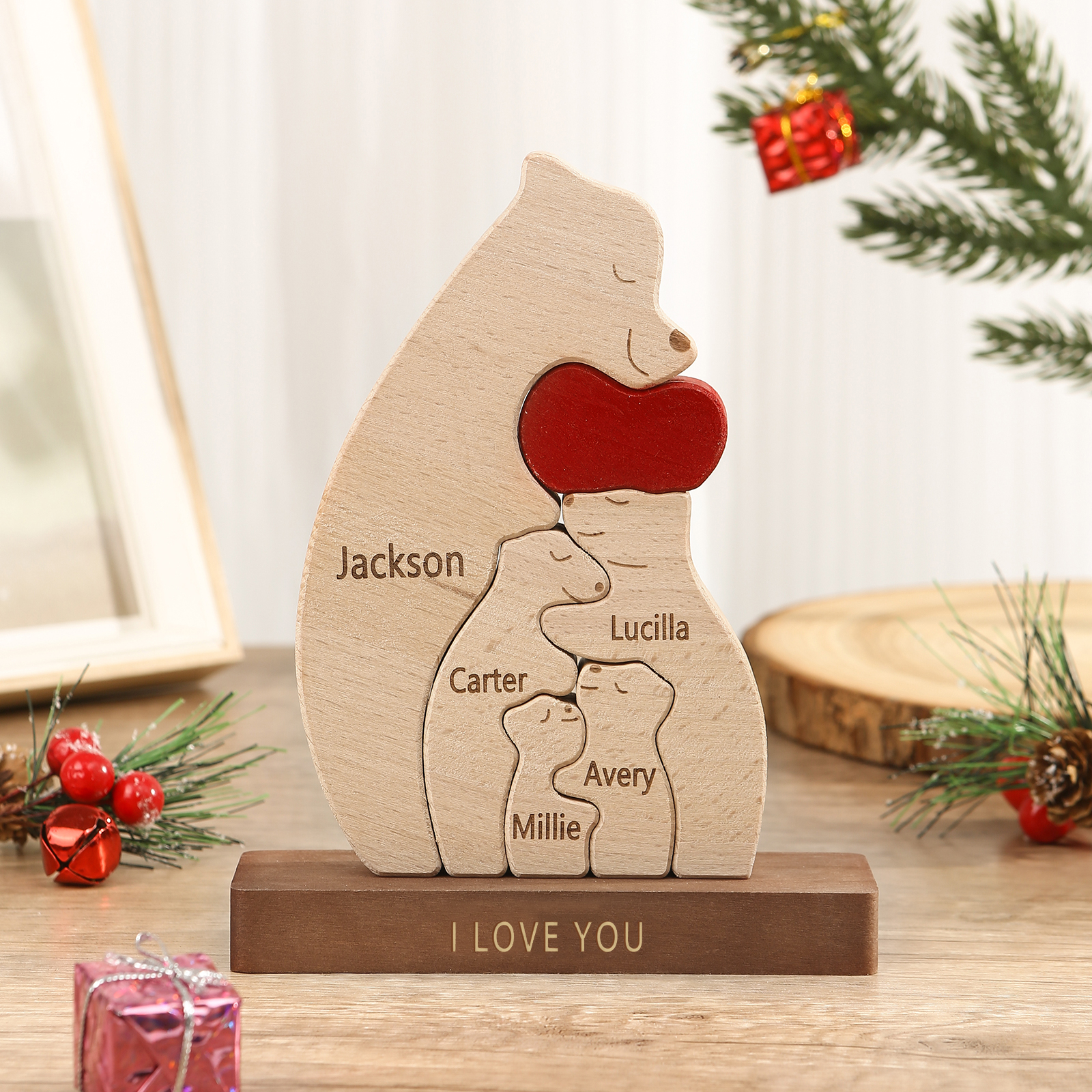 Personalized Bear Family Ornament Custom 5 Names & 1 Text Puzzles Home Decor Gifts for Family