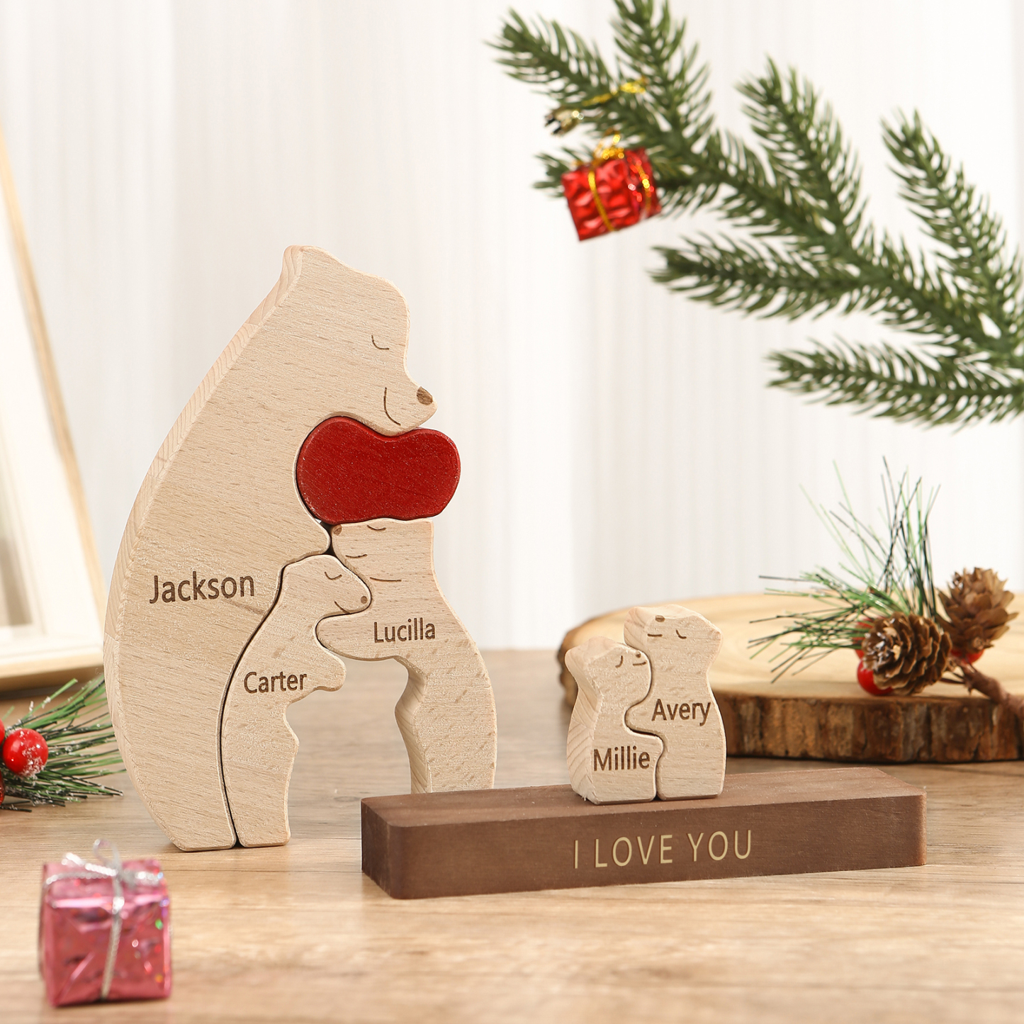 Personalized Bear Family Ornament Custom 5 Names & 1 Text Puzzles Home Decor Gifts for Family