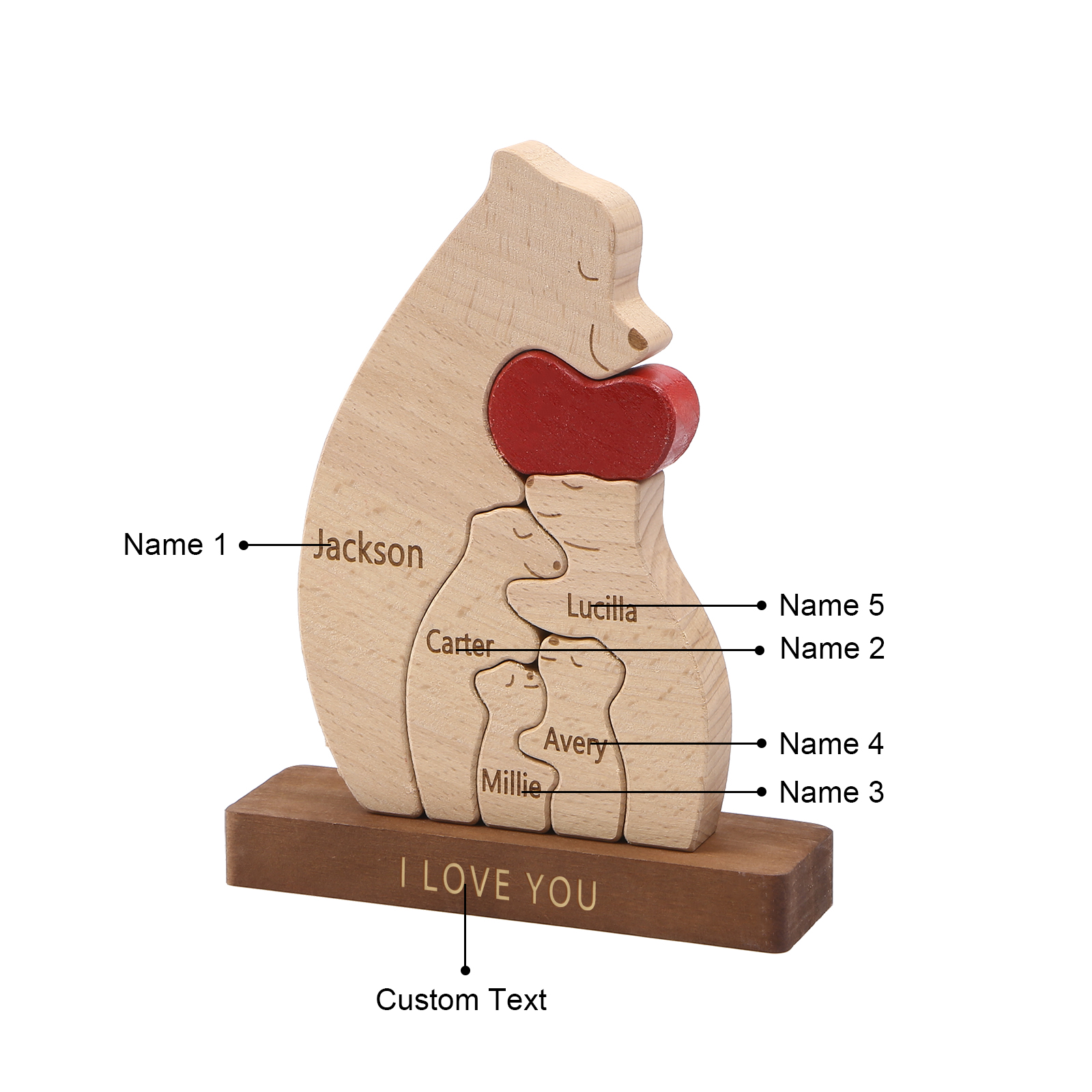 Personalized Bear Family Ornament Custom 5 Names & 1 Text Puzzles Home Decor Gifts for Family